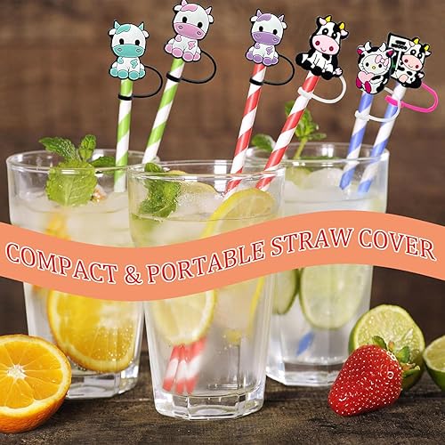 Miniatura 6 de 18 fundas para pajilla, fundas de silicona de 0.394 pulgadas, cubiertas de paja para vasos, reutilizables, a prueba de polvo, para beber (vaca)