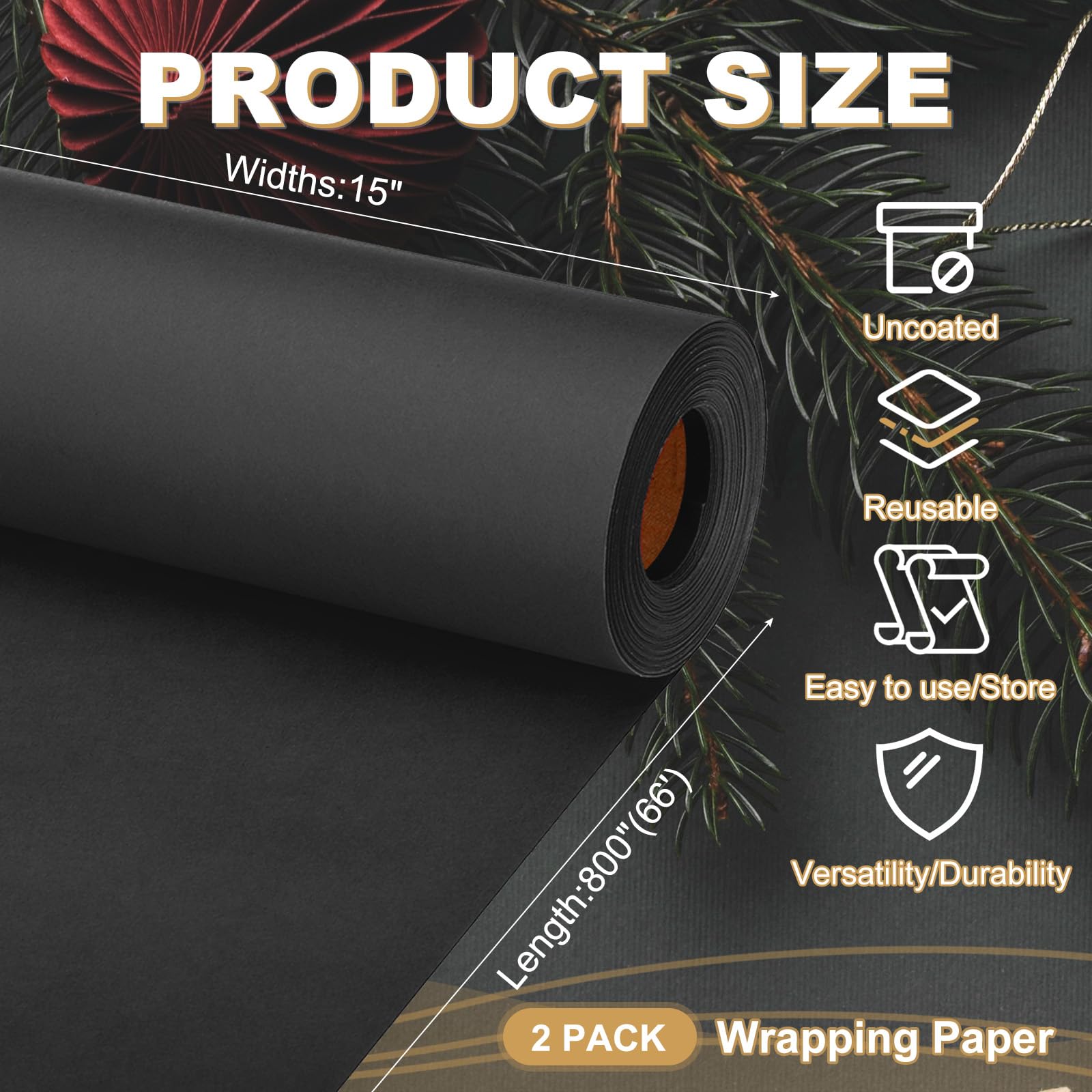 PATIKIL Papel de Regalo 2 Rollos 15"x800" (66') 80 GSM Rollo de Papel Kraft para Envolver Pósteres Tablones de Anuncios Envoltura de Regalos Envoltura de Ramo de Flores Negro