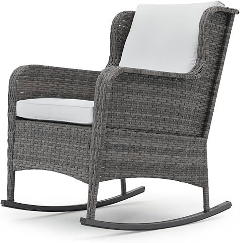 Soleil Jardin Mecedora de mimbre de resina para exteriores con cojines, muebles de patio, silla mecedora de club, mimbre gris y cojines gris claro