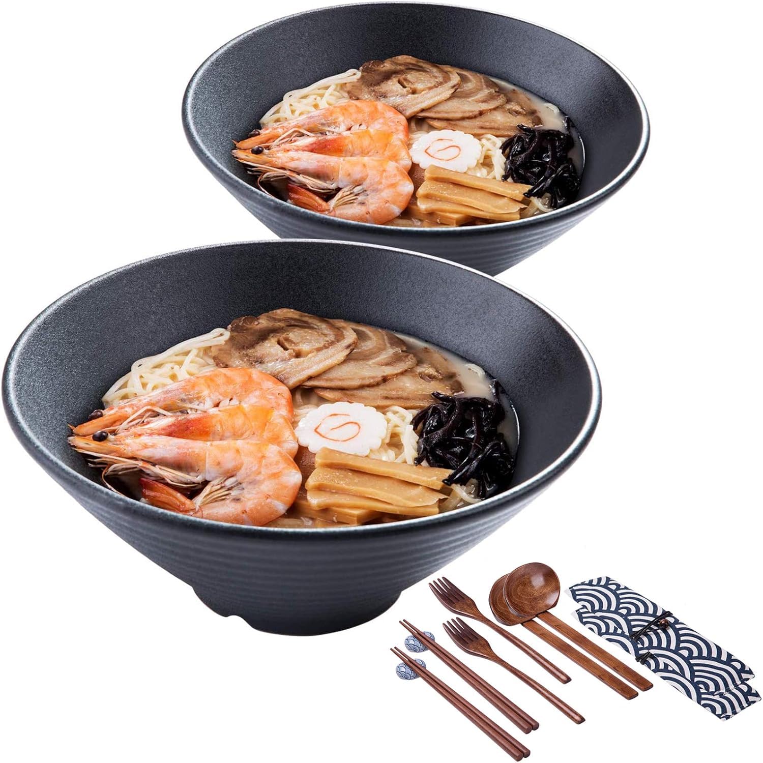 Genérico Juego de 14 tazones Grandes de Porcelana para Sopa Ramen de 2 x 900 ml con cucharas y Palillos para Pasta Udon, pho, soba, Cereales y ensaladas. Tazones de Fideos de Estilo japonés.