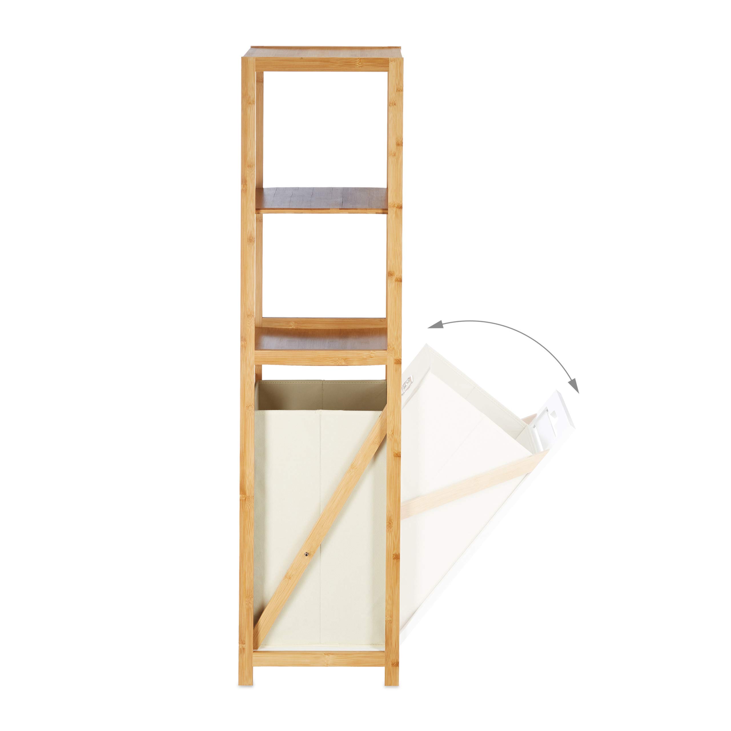 Relaxdays Scaffale a Colonna per il Bagno con Cestino Portabiancheria, Bambù, 3 Ripiani, HxLxP 130 x 37 x 33 cm, Marrone
