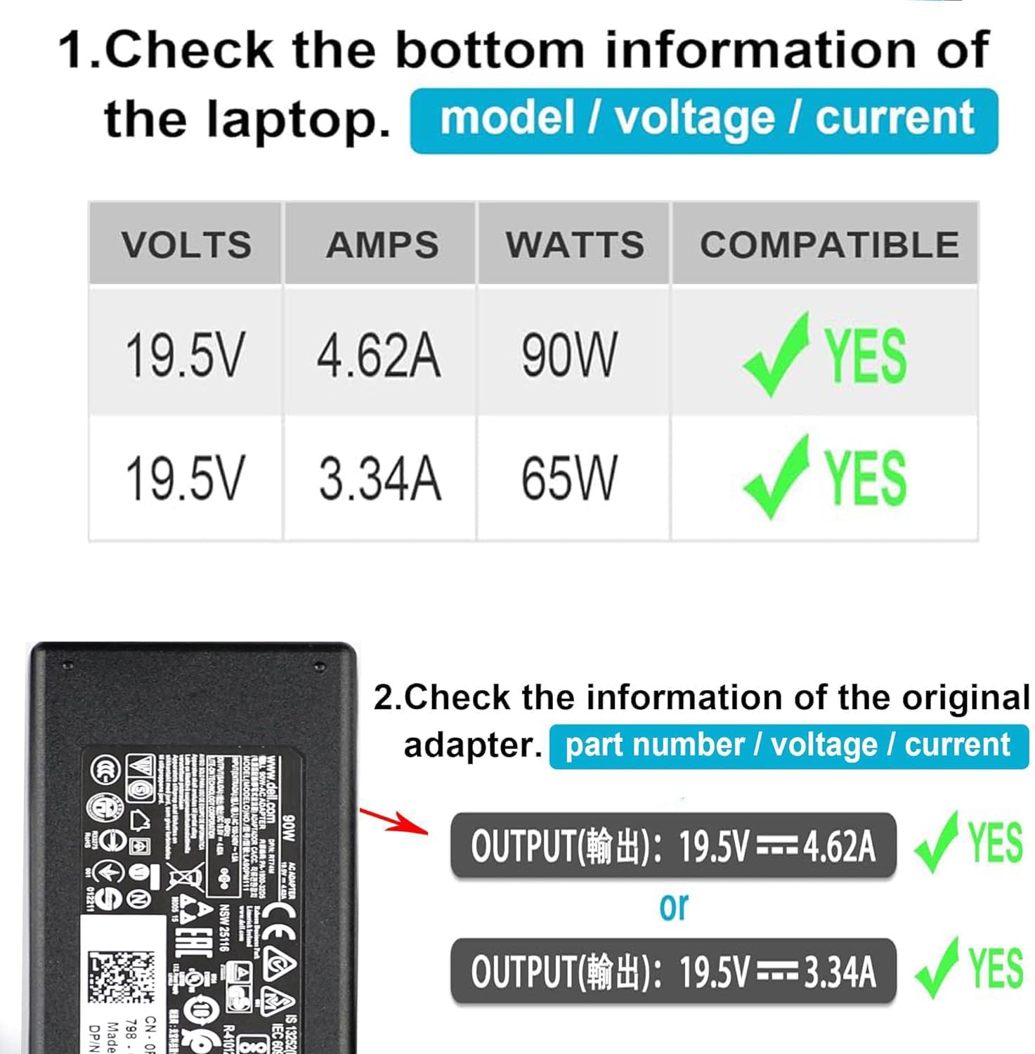 19.5V 4.62A 90W AC Charger Fit for Dell Inspiron 11 13 14 15 17 3000 5000 7000 Series Laptop Dell Latitude 14 15 Series Laptop Power Adapter Supply Cord
