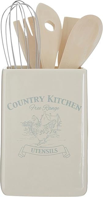 Premier Housewares Country Kitchen Utensil Holder with Tools - Cream