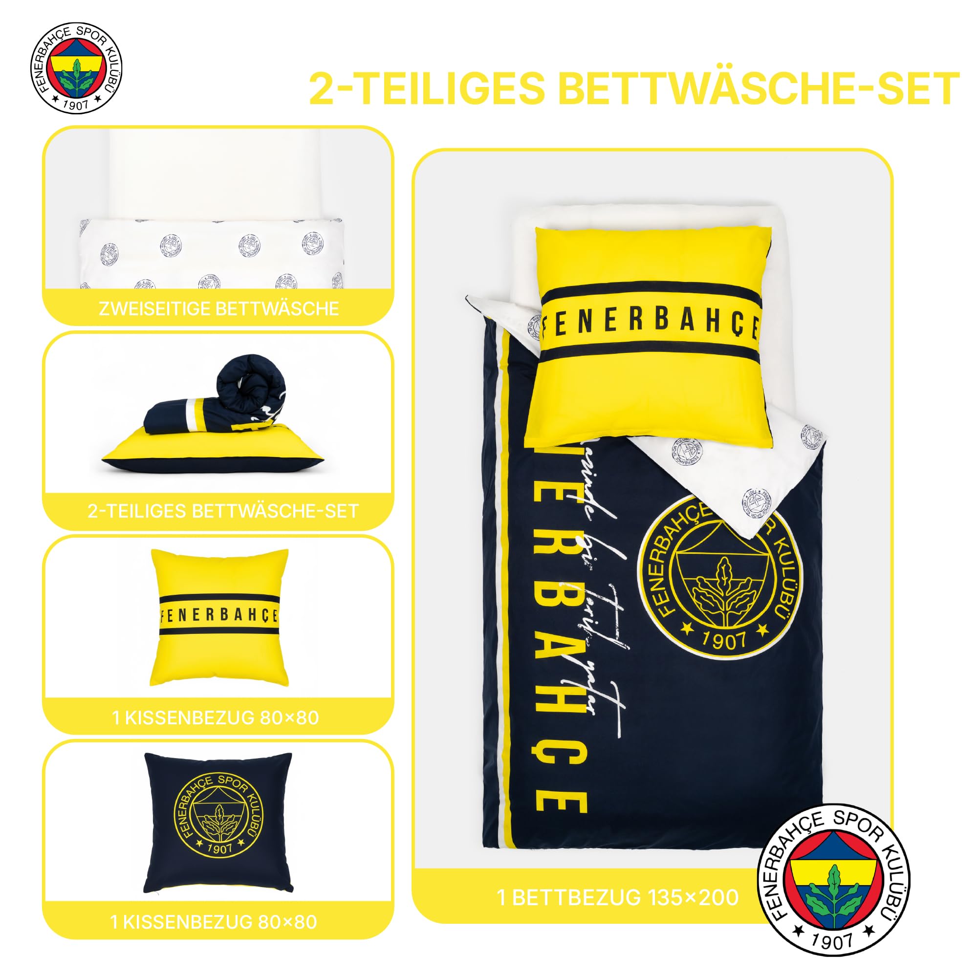 TAÇ Fenerbahçe Bettwäsche-Set 2 teilig - Bettwäsche 135x200 und Kopfkissenbezug 80x80-100% Baumwolle Super Weich - Doppelseitiger Kinder Bettwäsche für Jungen und Mädchen