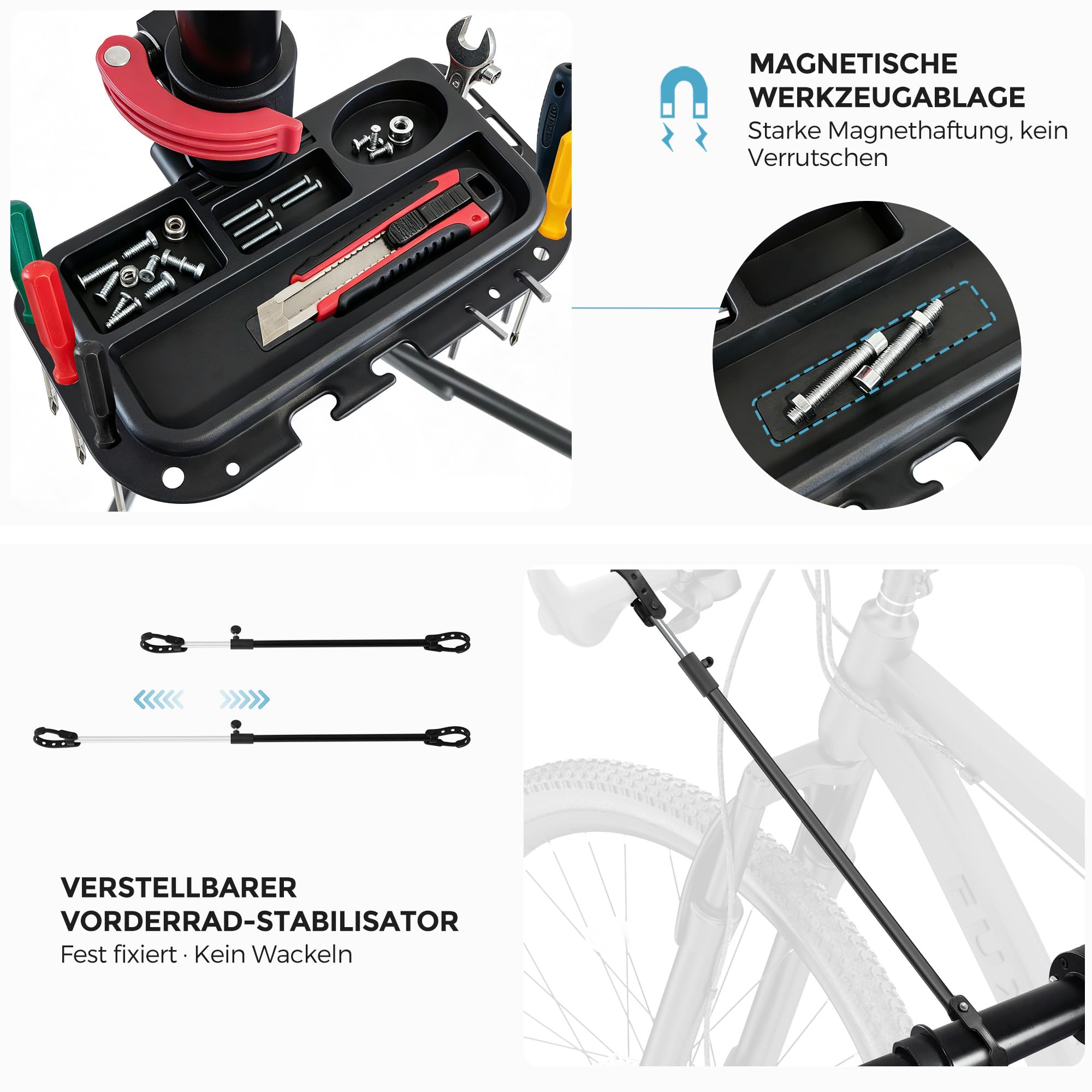Profi Fahrrad Reparaturständer, niedrigschwerpunkt stabiler Sockel, magnetische Werkzeugablage, 360° drehbar, klappbar, bis 30 kg belastbar