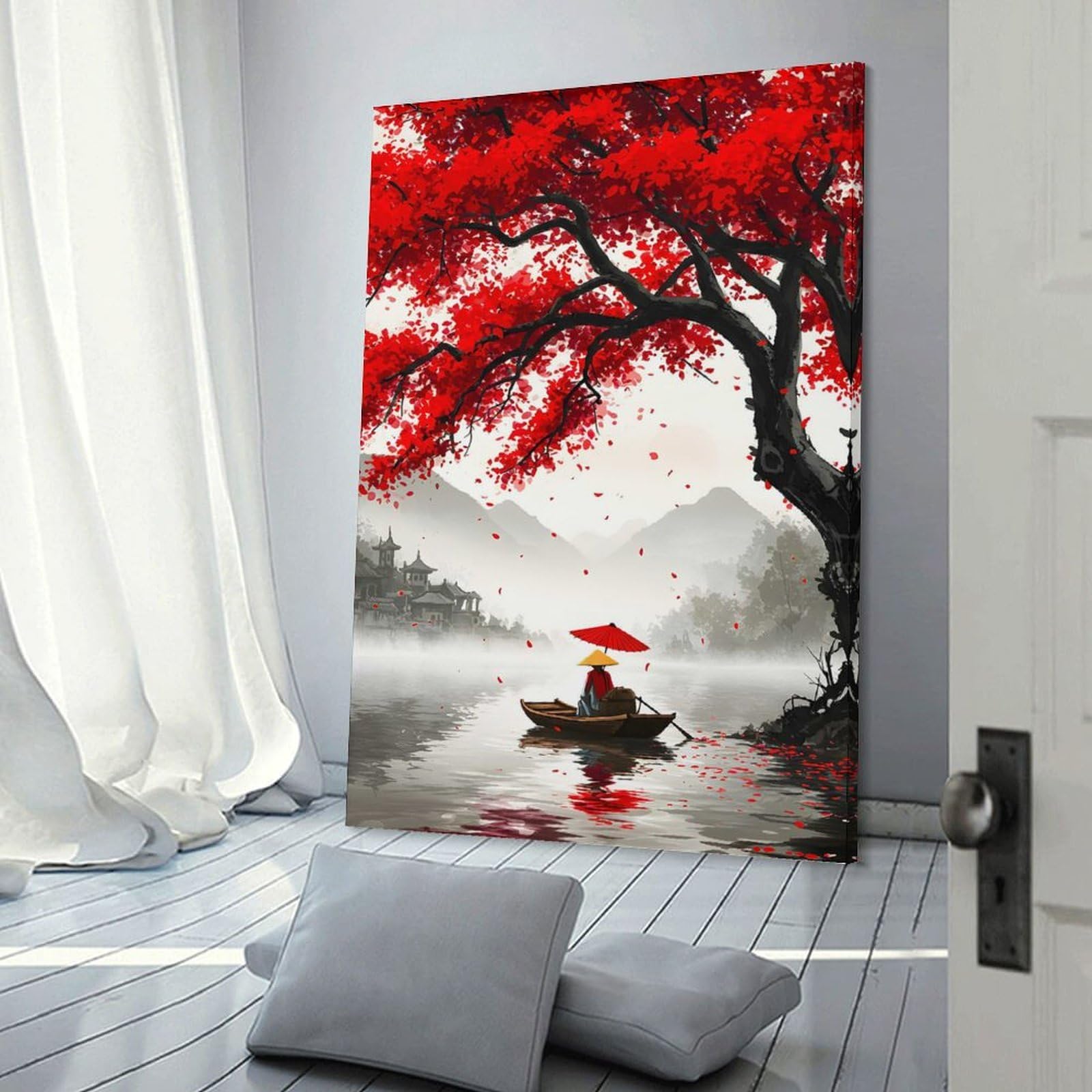 Junmoney Japanese Lake Scene with Red Tree Decorative Wall Artwork, 20x30inch(50x75cm), for Corridors, Hallways Or Apartment Entries, Home Artwork for First Impressions