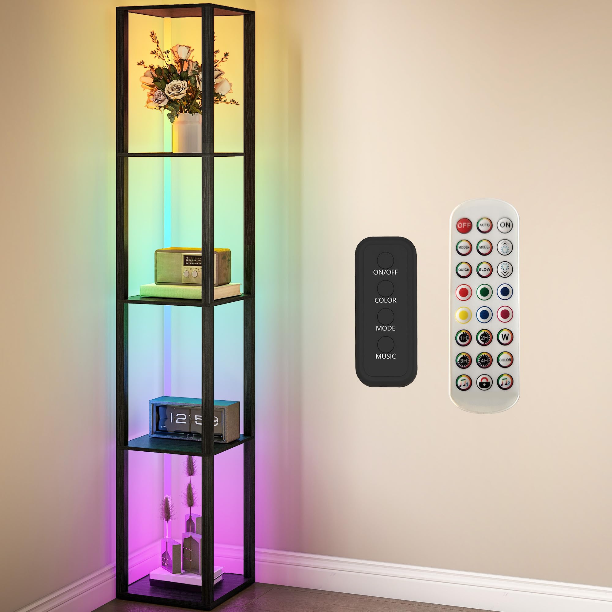 HOMCOM 4 Shelf Black RGB LED Floor Lamp with Remote - Modern Design