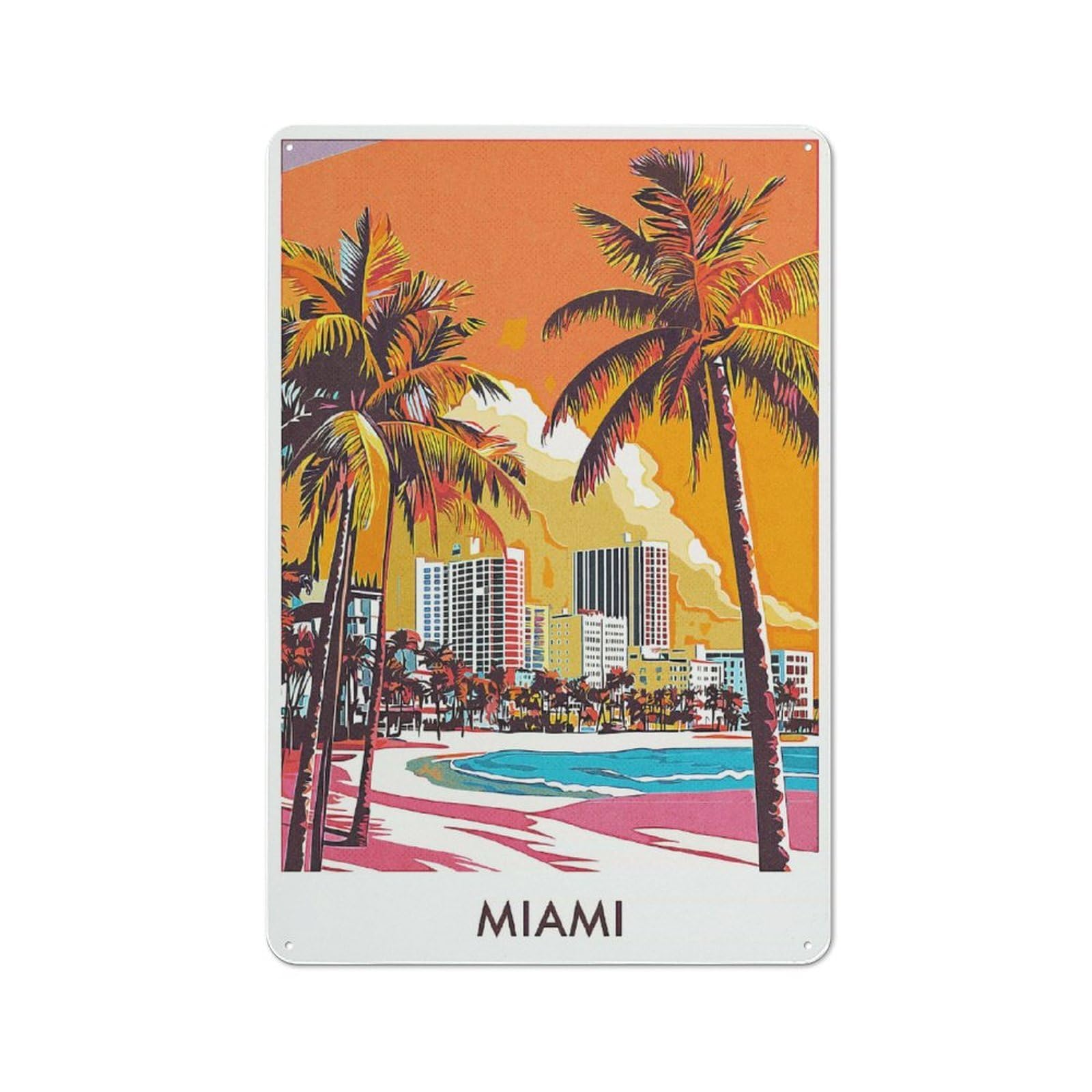 Junmoney Style-18 Tin Wall Plaque 30X20cm With Miami Beach Skyline For Guest Room Or Hallway, For Garage, Workshop And Man Cave Decoration