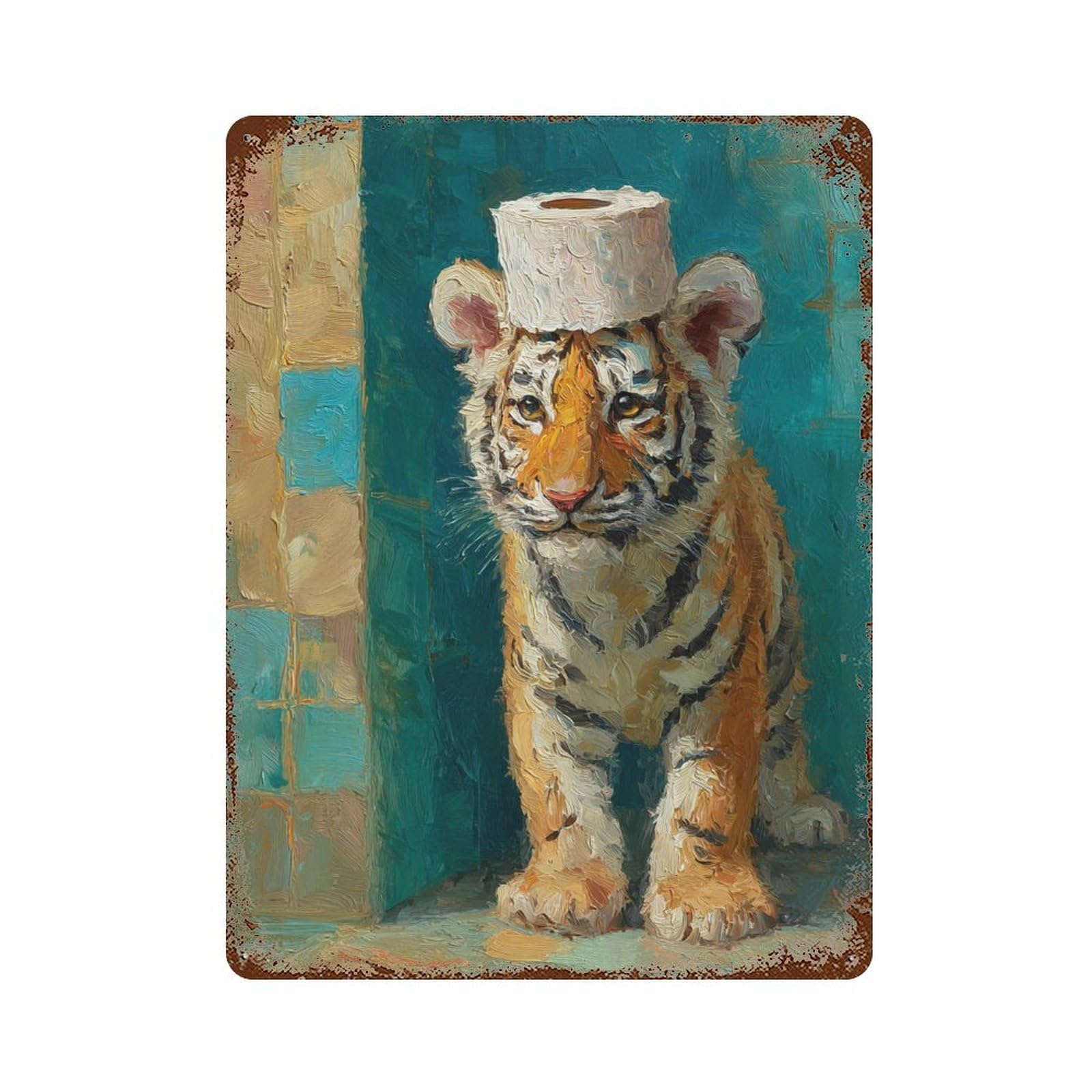 Tiger Cub with Toilet Paper Hat-1 Rust Effect Tin Sign 15.7"x11.8", Rustic Home Decor for Garage, Pub Or Kitchen