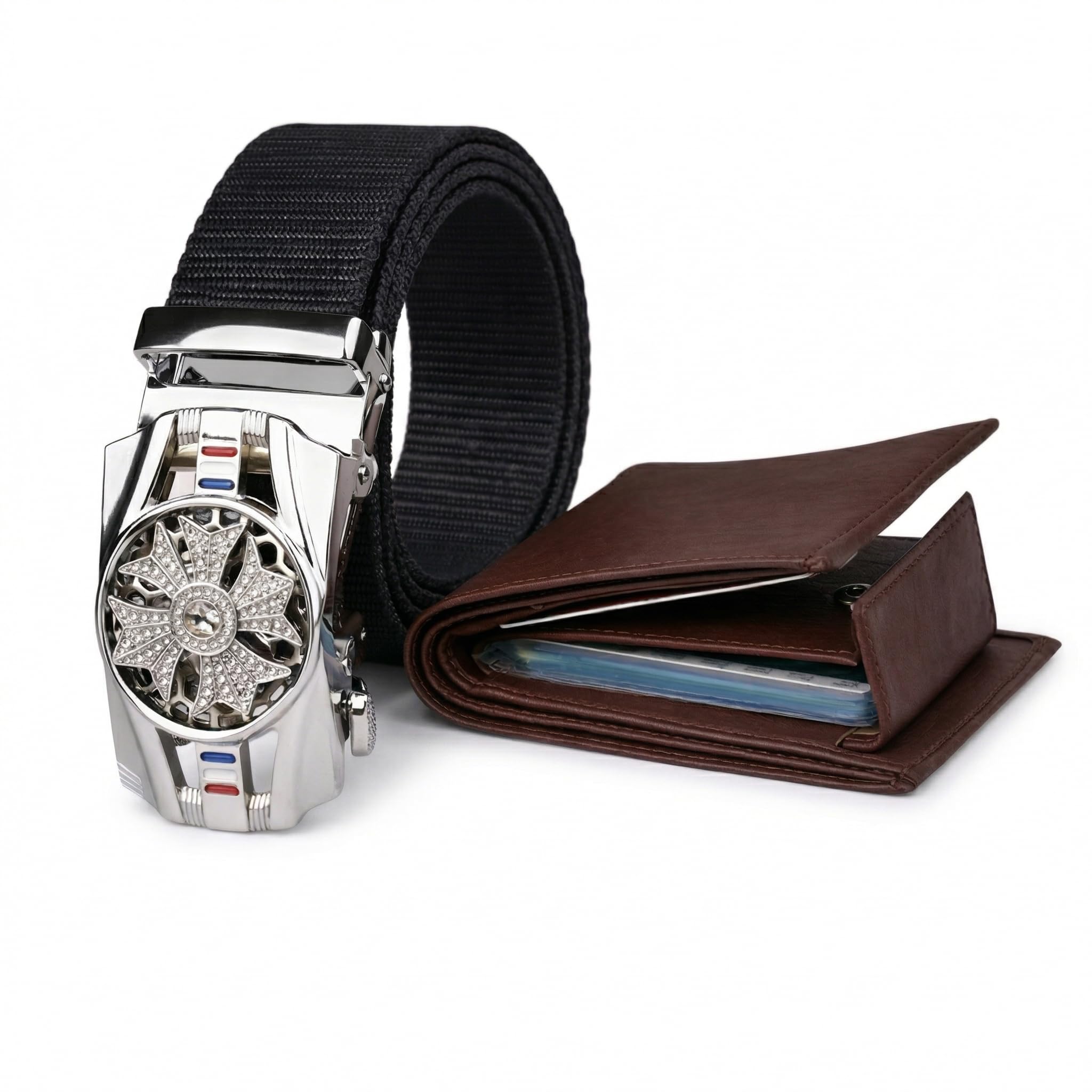 Men Black Textured Artificial Leather Ratchet Belt & Dark Brown Wallet Professional Combo-image-7