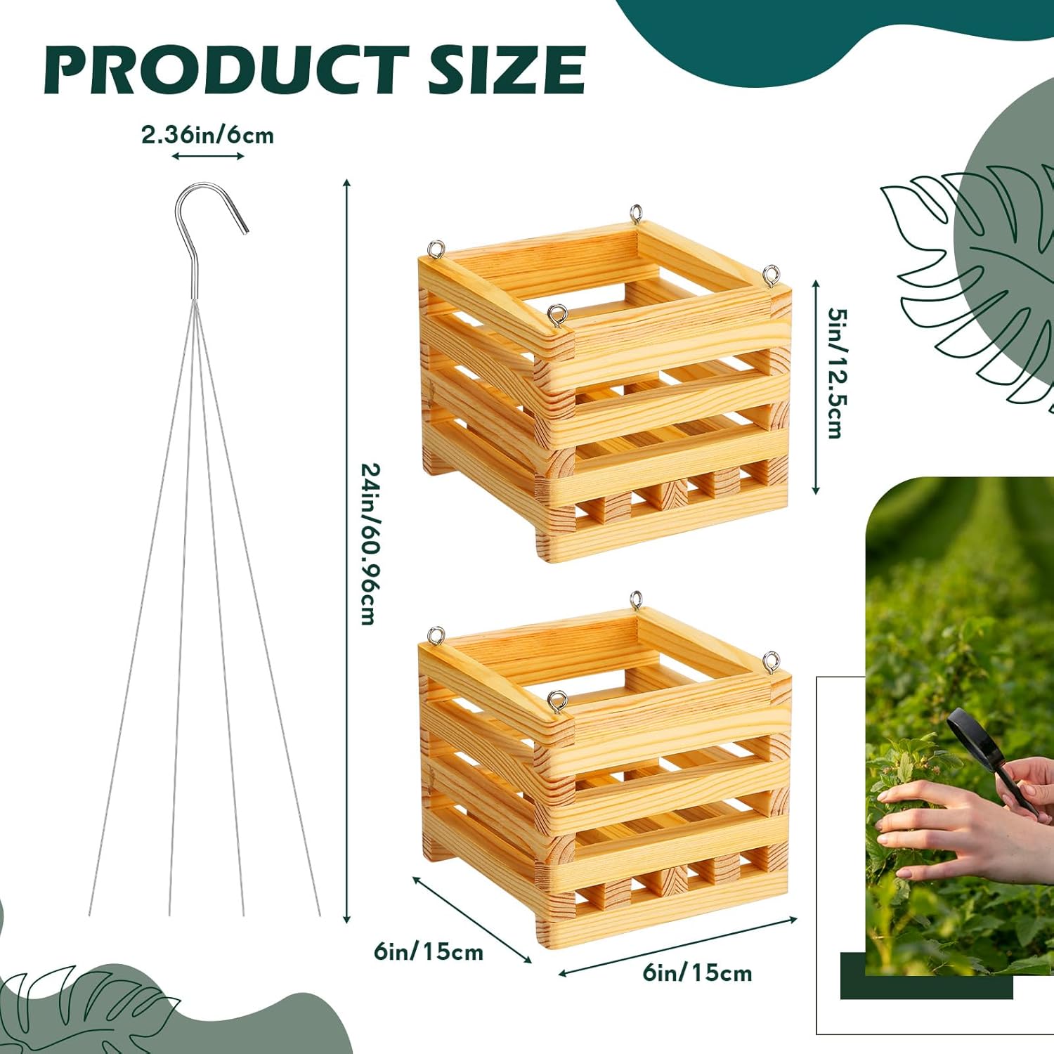 Briwooody 4 Pack Wooden Plant Hanger Set Including 6 Inch Strong Hanging Orchid Wooden Square Baskets and 24 Inch Wire Plant Hangers for Hanging Orchid Gardening Indoor Outdoor (Brown)