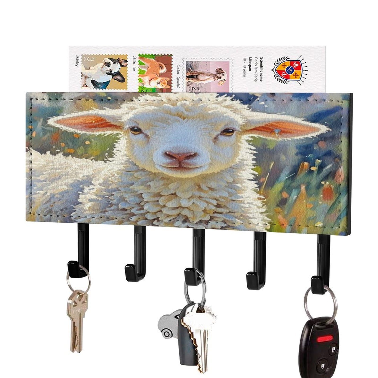 Estante de pared con bandeja de granja para llaves y cartas en el recibidor