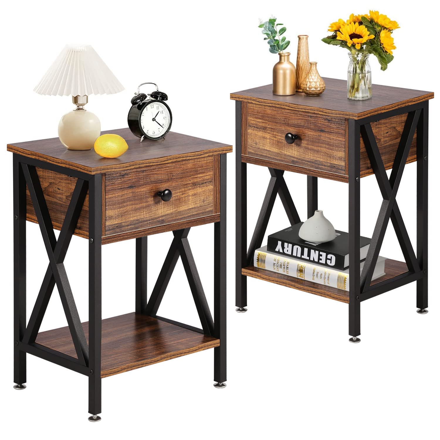 VECELO End Tables,Modern Night Stand with Drawer& Shelf, Set of 2 Nightstands for Bedroom Living Room Office,Industrial Style, 2 PCS, Vintage Brown