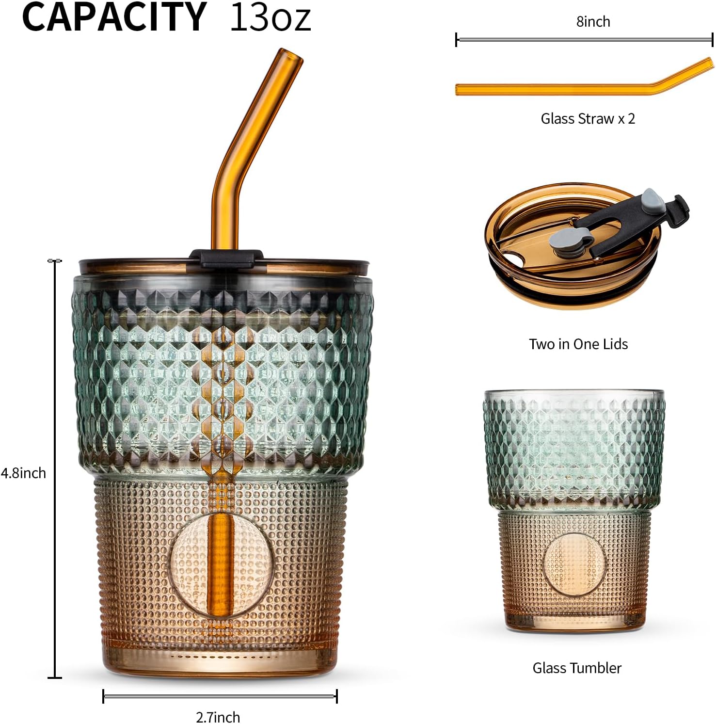 13 oz Tumbler Water Glass, Water Bottle with Straw and Dustproof Lid, Coffee Ice Cup Double Wall Insulated Glass Cup (Amber-Ribbed) - Image 2