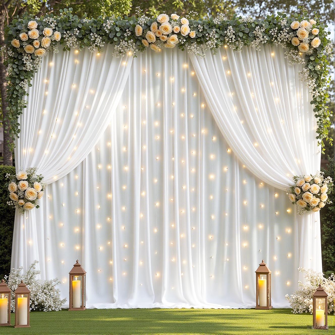 Photo 1 of 10 x 10ft White Backdrop Curtains with Lights String for Wedding Polyester Photo Backdrop Drapes Wrinkle Free White Curtains Backdrop for Birthday Parties Reception Baby Shower Ceremony-5 x 10ft x 2P