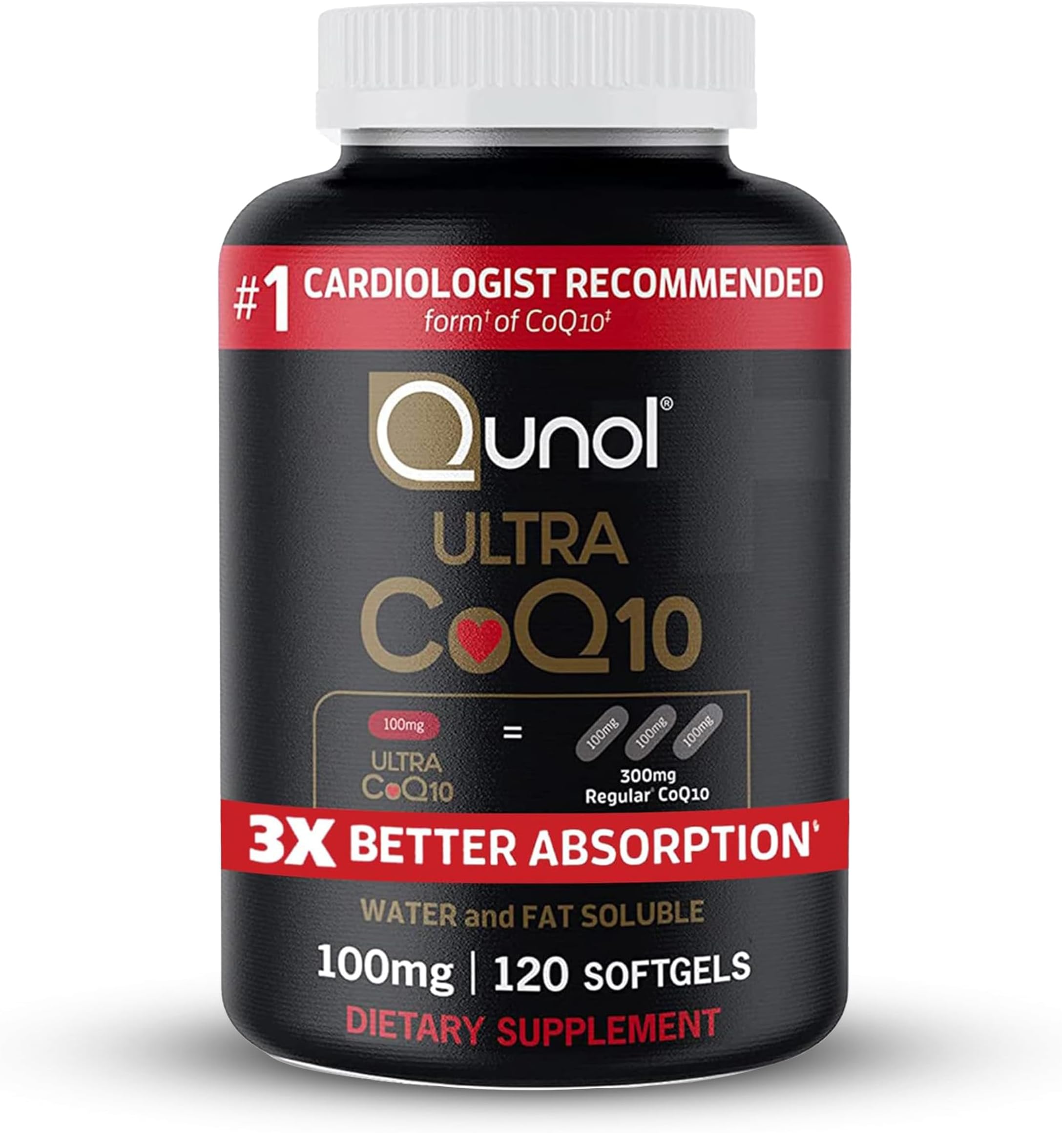 Ultra CoQ10 100mg, 3x Better Absorption, Patented Water and Fat Soluble Natural Supplement Form of Coenzyme Q10, Antioxidant for Heart Health, 120 Count Softgels