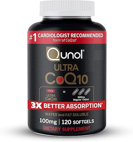 Qunol Ultra CoQ10 100mg, 3x Better Absorption, Patented Water and Fat Soluble Natural Supplement Form of Coenzyme Q10, Antioxidant for Heart Health, 120 Count Softgels
