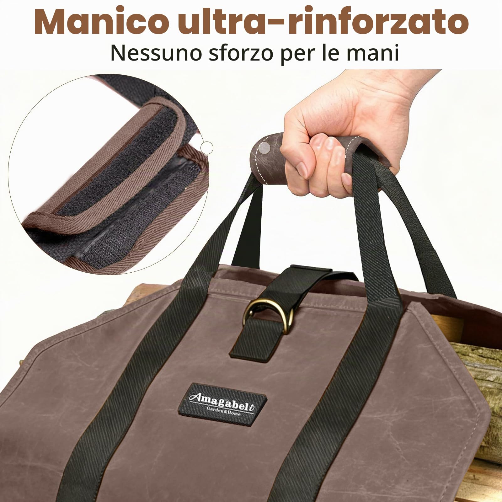 Amagabeli Borsa Porta Legna Grande in tela Cerata in Legno Borsa per Interni Porta Legna Cesto Legna per Camino da Esterno Legno Durevole Cesta per Legna Portalegna（Marrone Scuro）