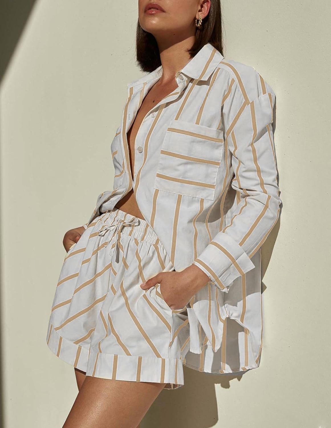 Women's Striped 2 Piece Outfits Casual Oversized Button Down Shirts and Short Lounge Pajamas Set - Image 3