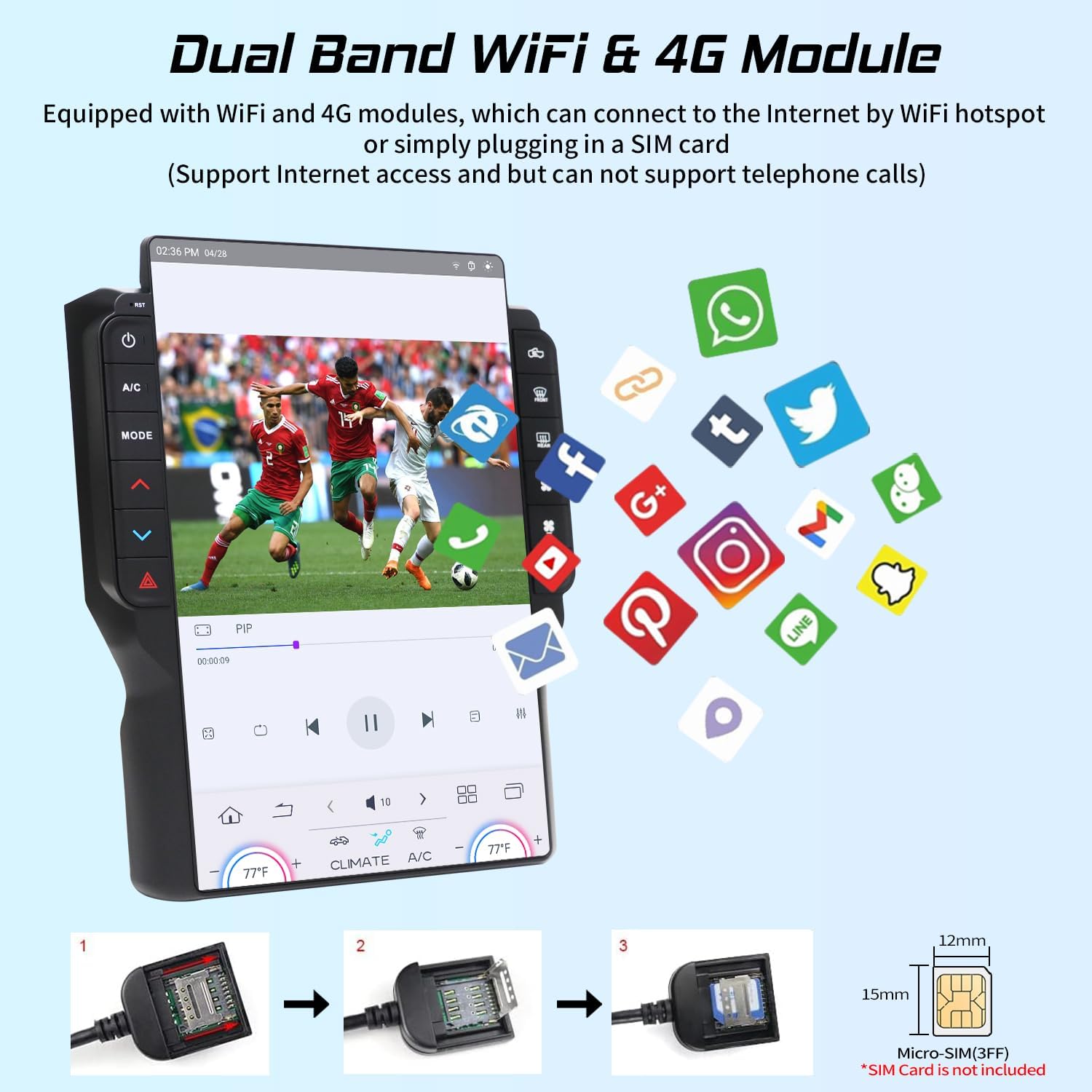 Diagram showing the steps to insert a Micro-SIM card into the 4G module cable for the Cidava car radio. The image also shows the 4G LTE and 5Ghz Wi-Fi features.