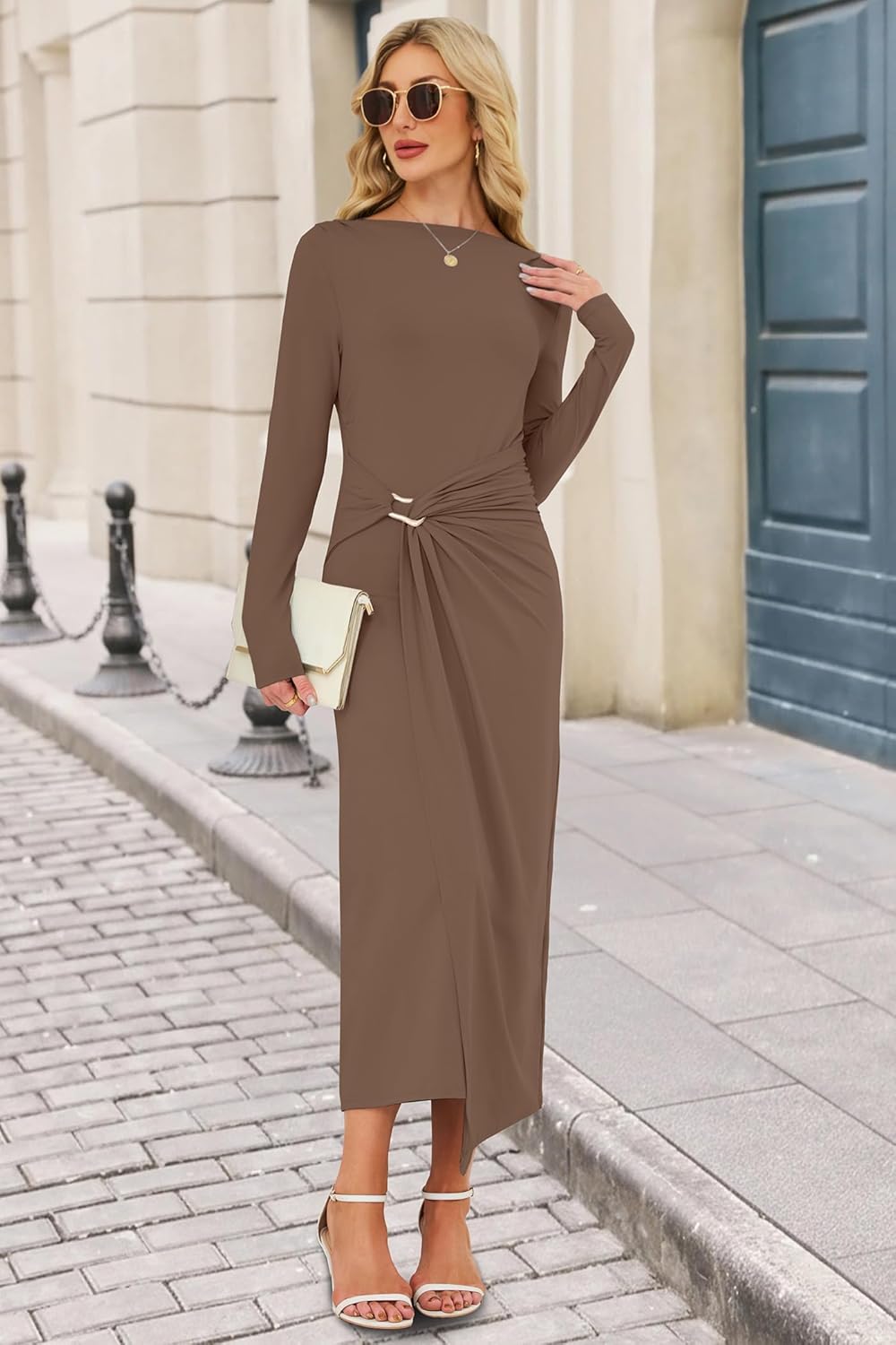 Women's Long Sleeve Wedding Guest Dress 2026 Spring Elegant Bodycon Boat Neck Formal Cocktail Party Midi Dresses - Image 2