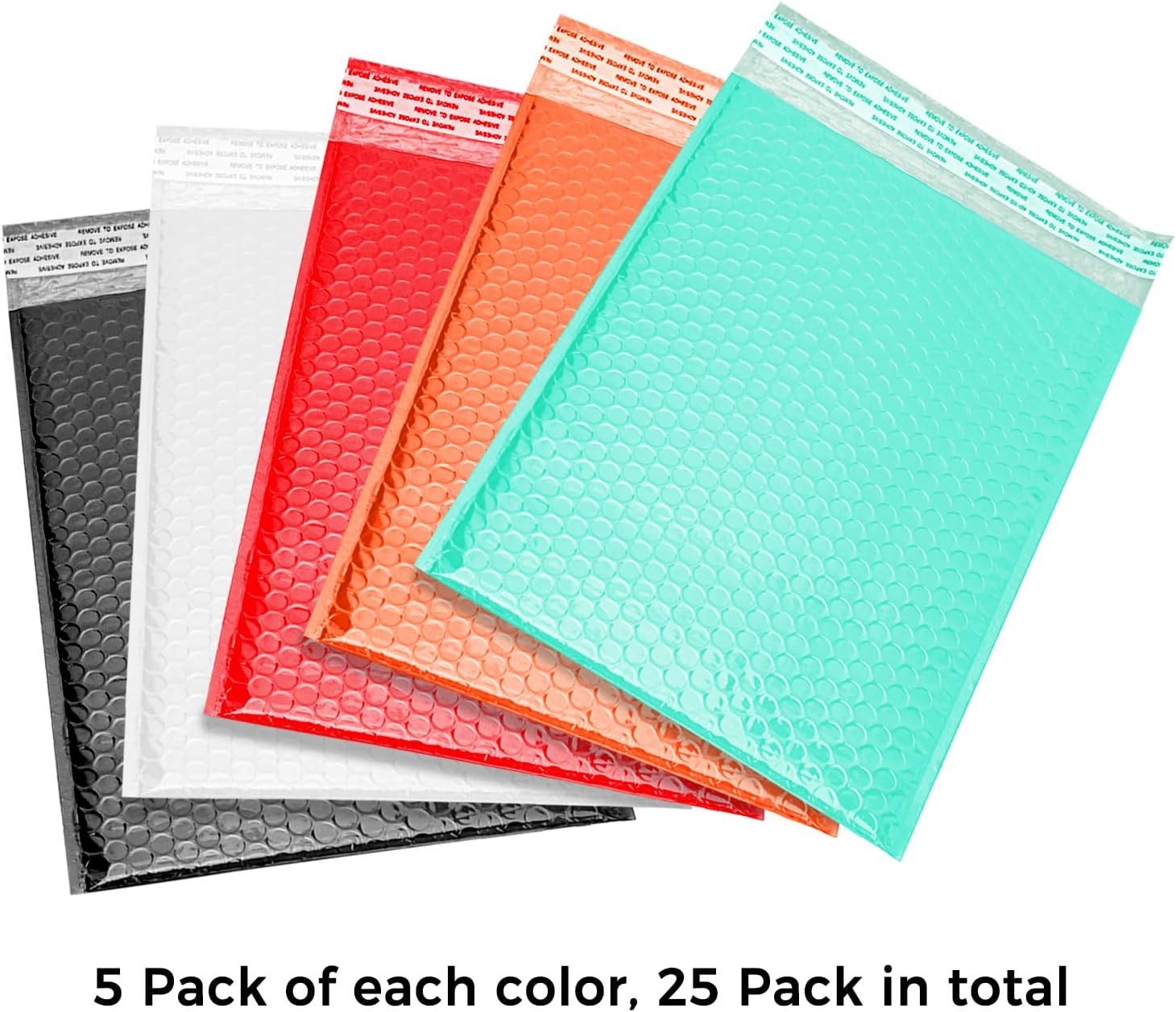Pack of 25 ToneSpac Poly Bubble Mailers Padded Envelopes Shipping Bags with Waterproof and Self Seal Stripe (Black White Pink Red Teal, #5, 10.5 x 15 inch)
