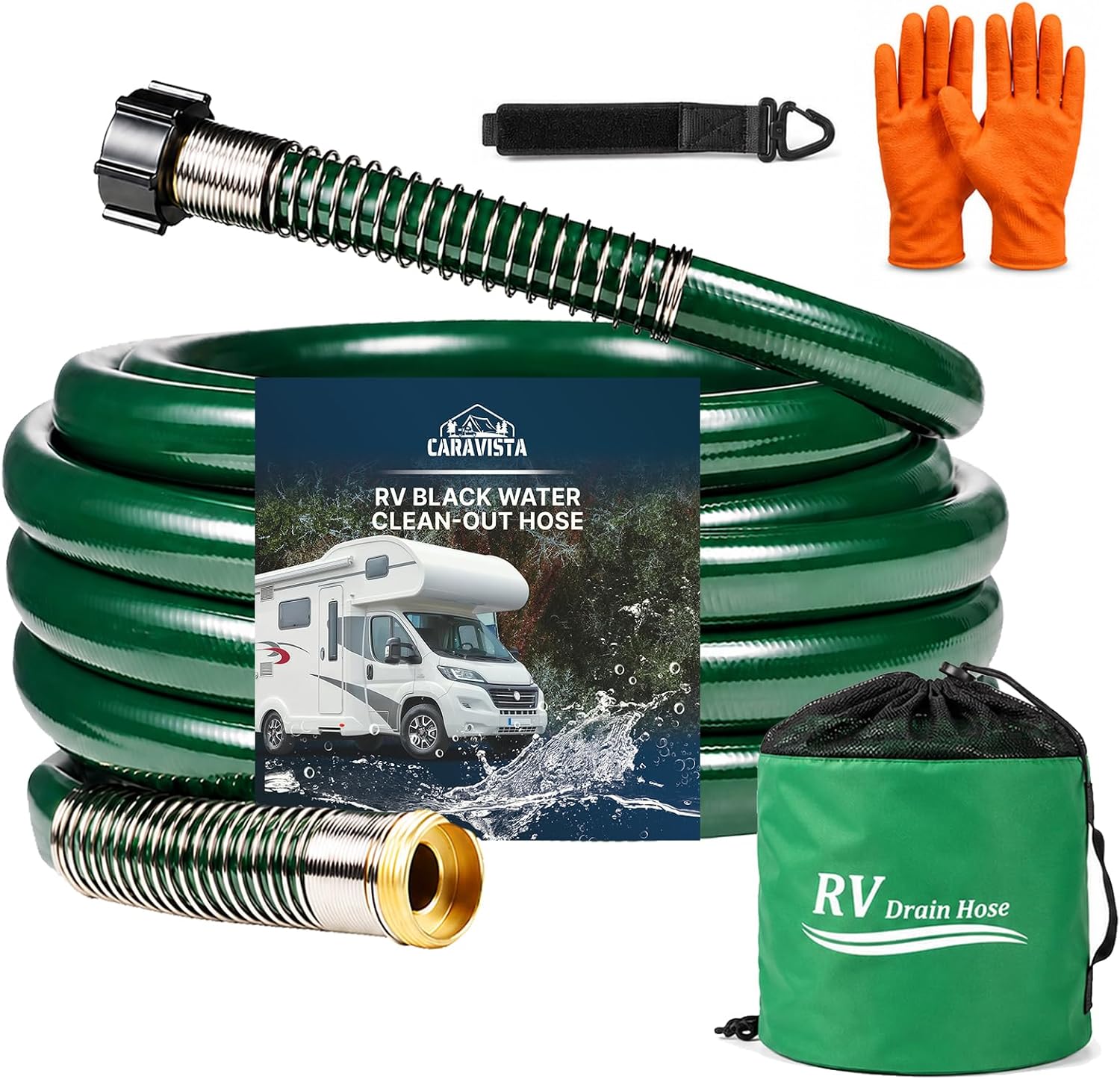 25FT RV Black Water Hose Kit - 5/8" Camper Clean Out Hose With Waterproof Storage Bag And Strap - Perfect For Black/Grey Water Tank Cleaning (Forest Green)