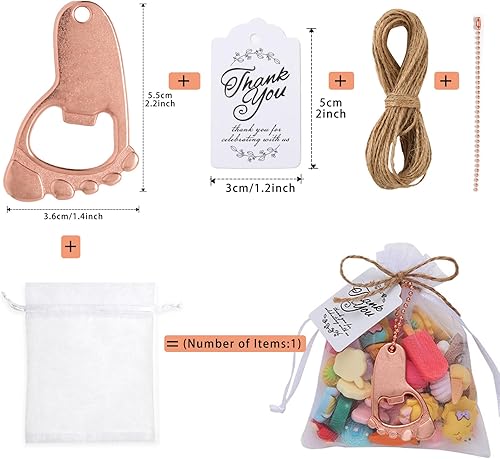 Miniatura 2 de 25 piezas de abrebotellas de huellas, recuerdos de baby shower, suministros y decoraciones con bolsas de organza y 1 rollo de cuerda de yute (oro