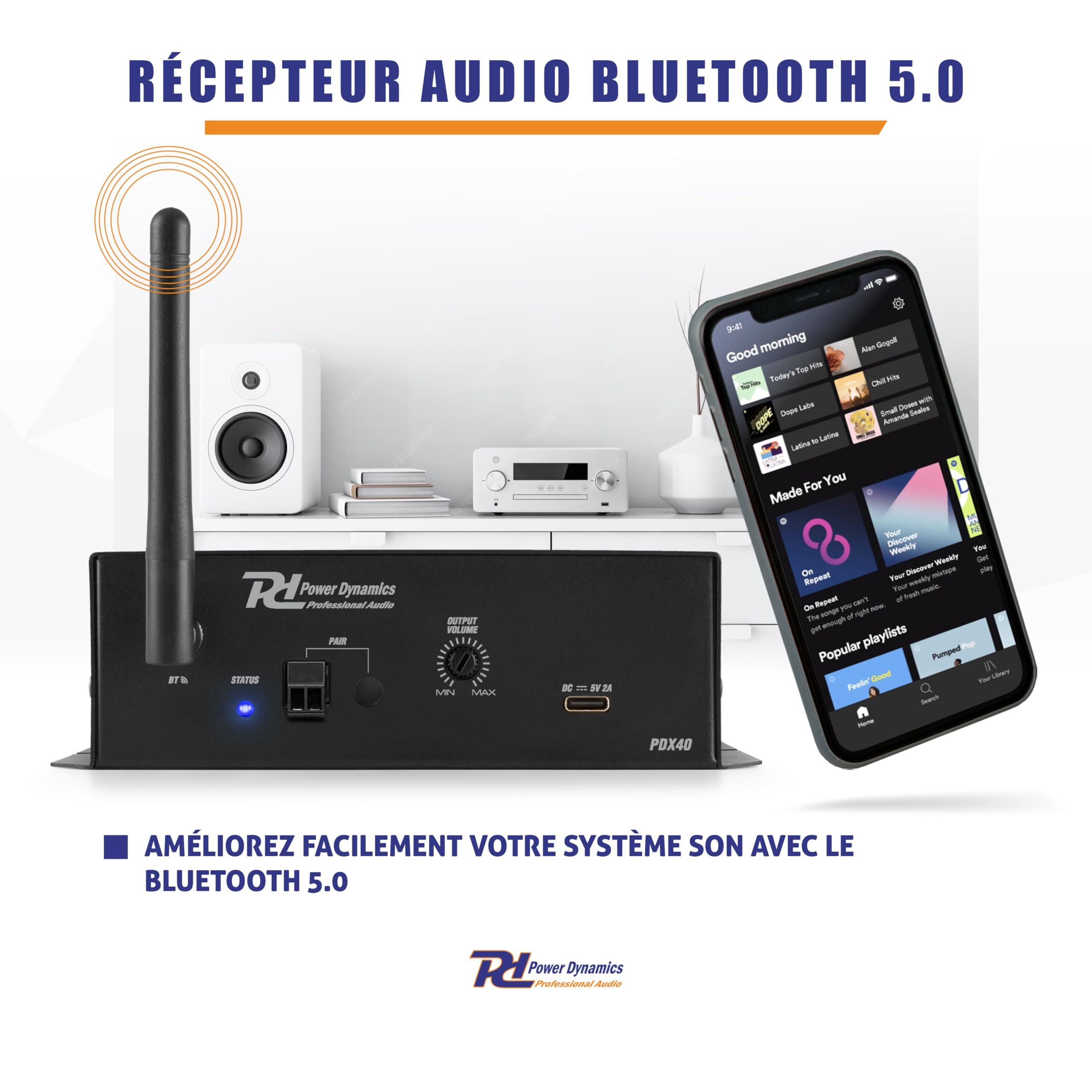 Power Dynamics PDX40 - Récepteur Bluetooth 5.0 Stéréo Pro Audio | Sorties XLR & Jack 6,3 mm | Streaming sans Fil Haute Qualité | DJ, Bars, Installations Fixes