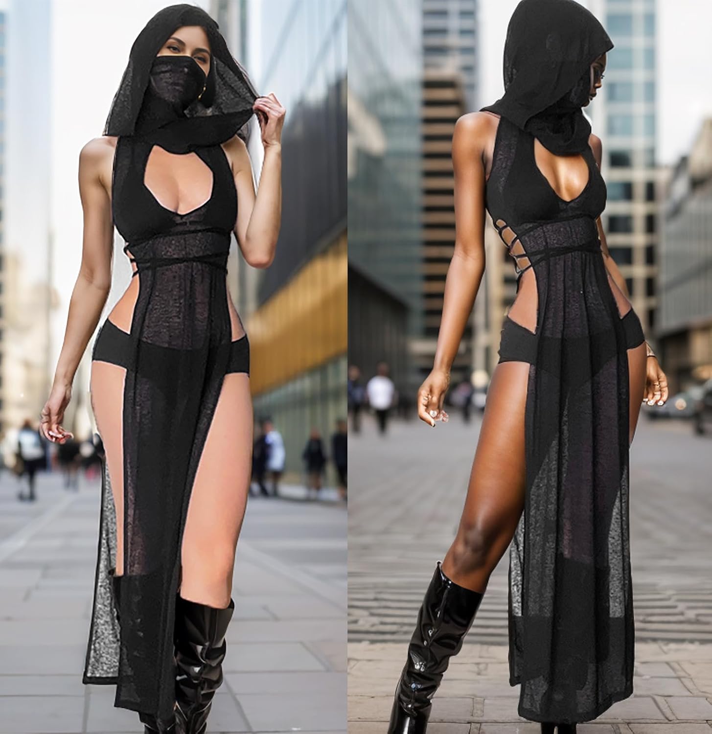 Women Goth Sheer High Slit Dress Mock Neck Sleeveless Coverups Streetwear Rave Outfits