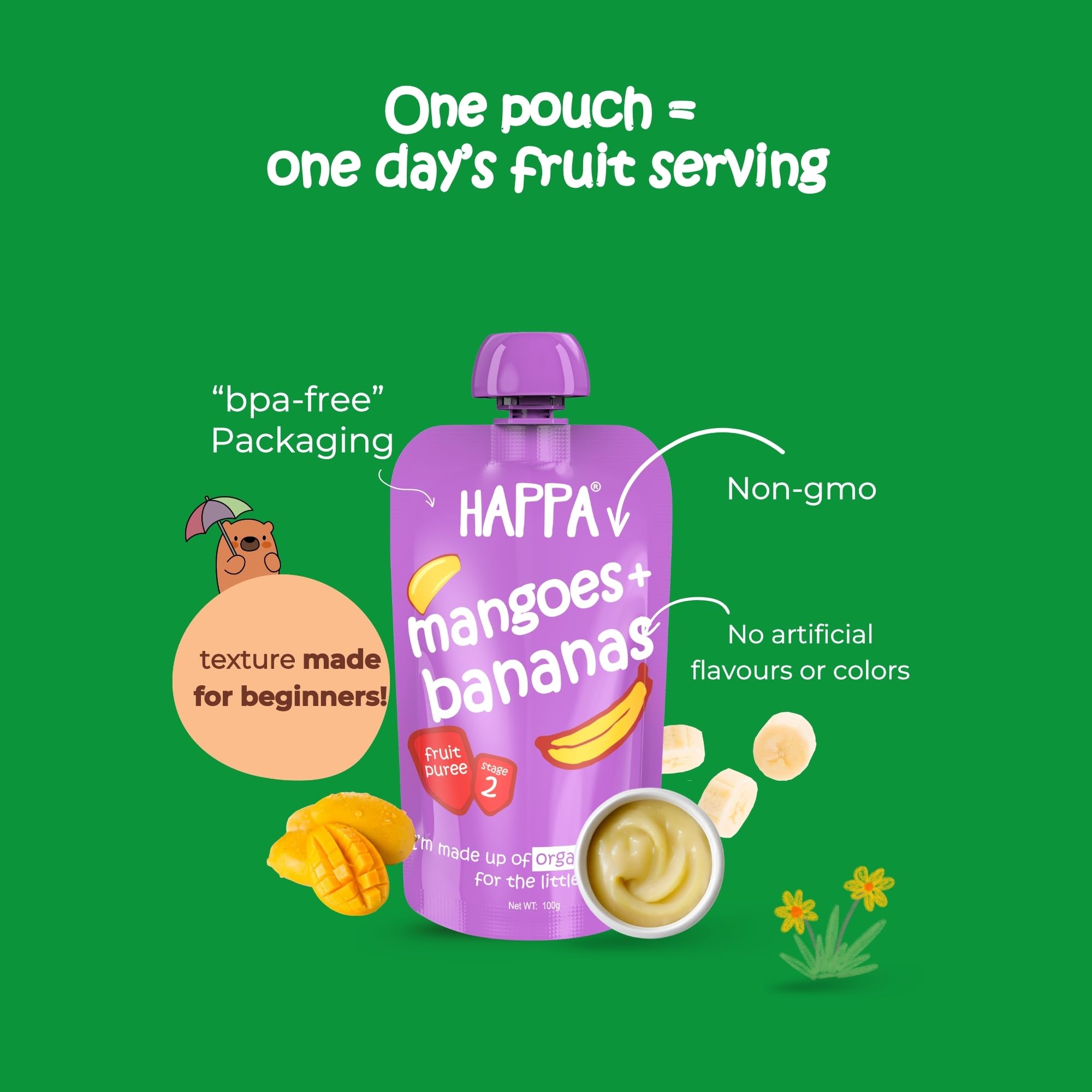 Happa Organic Baby Food Mango and Banana Puree | 100% Fruits | No Added Sugar, No Milk Powder, No Preservatives | Stage 2 (6 Months+) | Ready to Eat | Free from Common Allergens | Pack of 1 (100g Pack) 2
