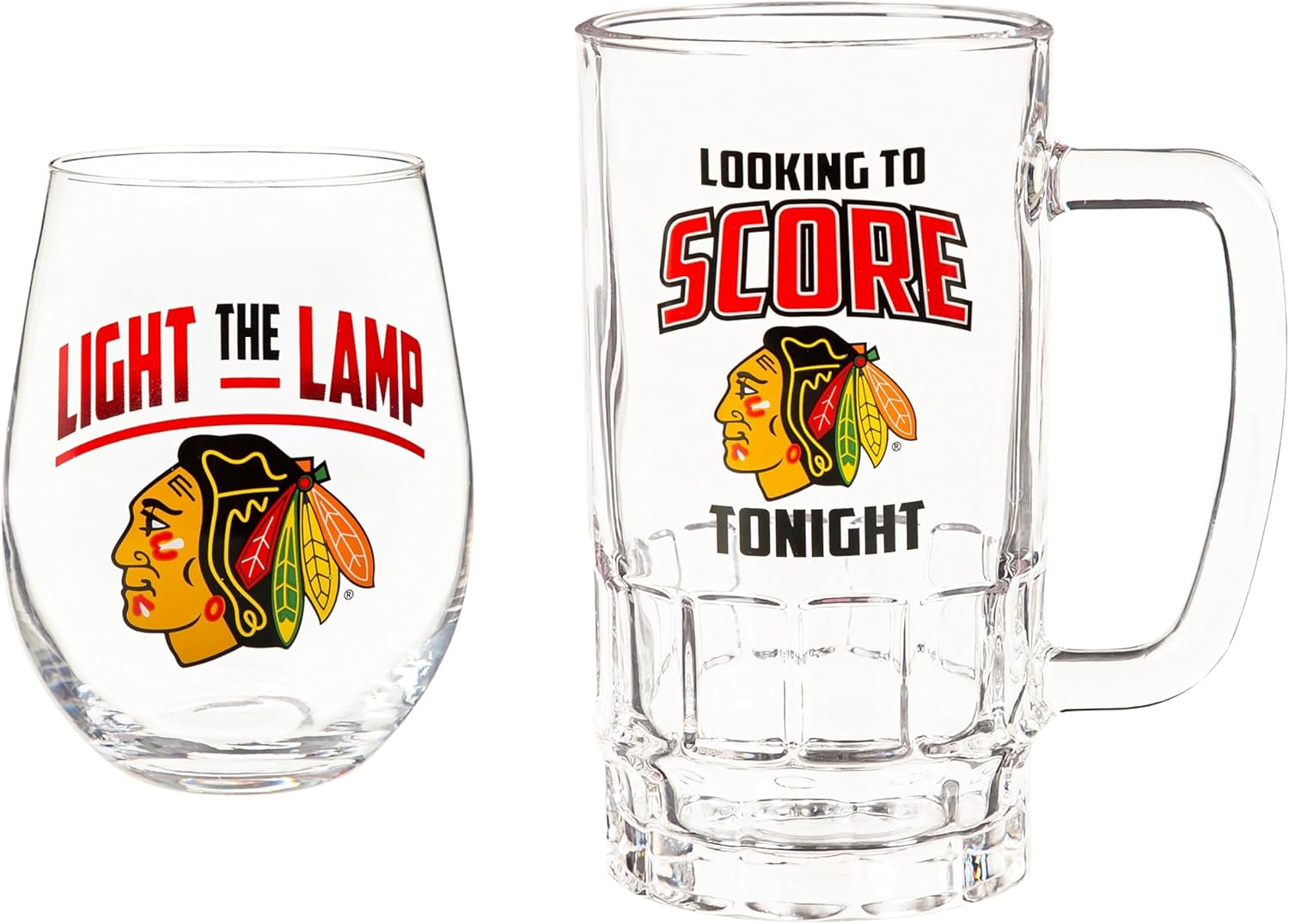 NHL Chicago Blackhawks Gift Set with 17oz Stemless Glass Cup & 16oz Glass Tankard Cup, Beer Drinking Glasses For Bar, Alcohol, Beverages, Coffee, Teas, Gifts for Hockey Fans