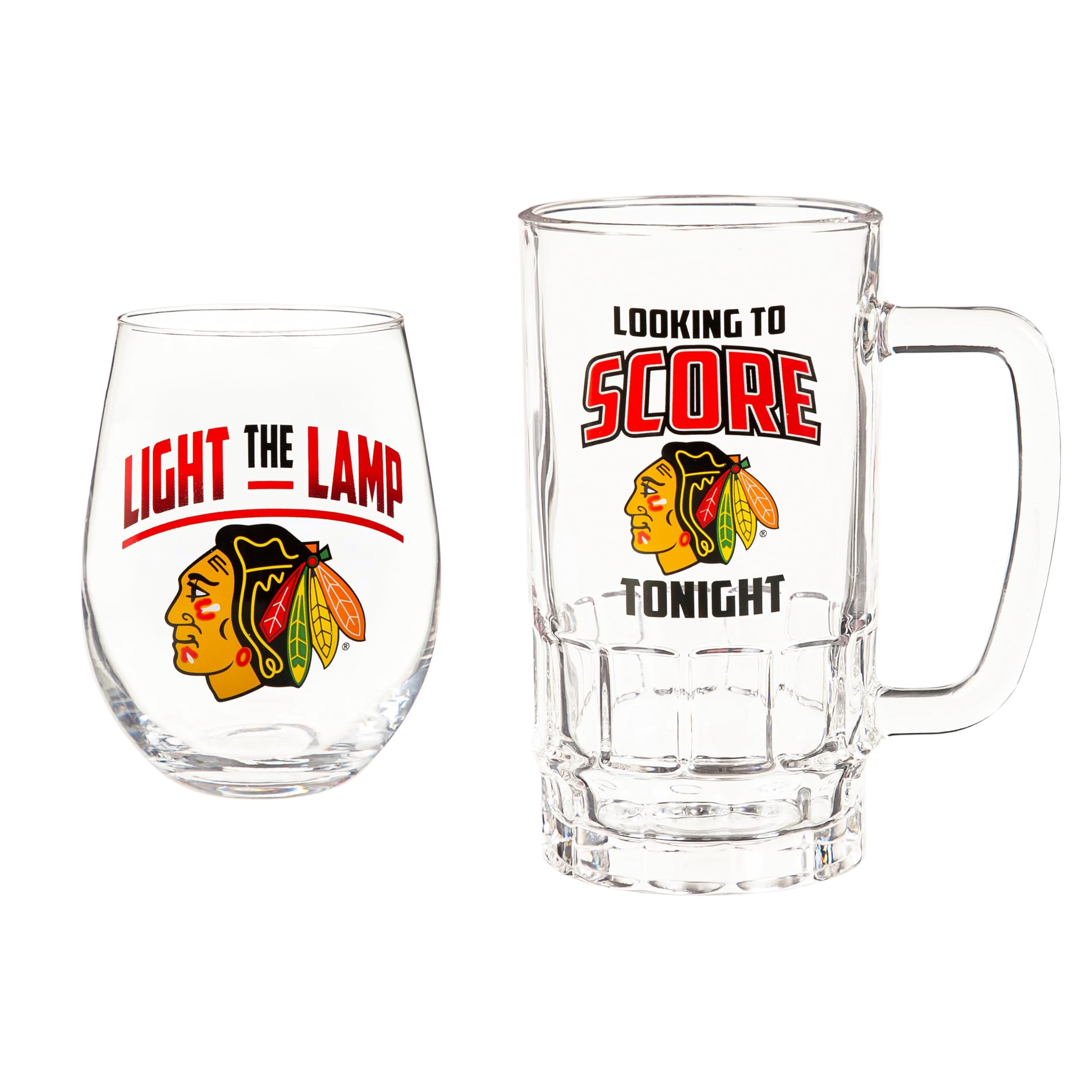 NHL Chicago Blackhawks Gift Set with 17oz Stemless Glass Cup & 16oz Glass Tankard Cup, Beer Drinking Glasses For Bar, Alcohol, Beverages, Coffee, Teas, Gifts for Hockey Fans