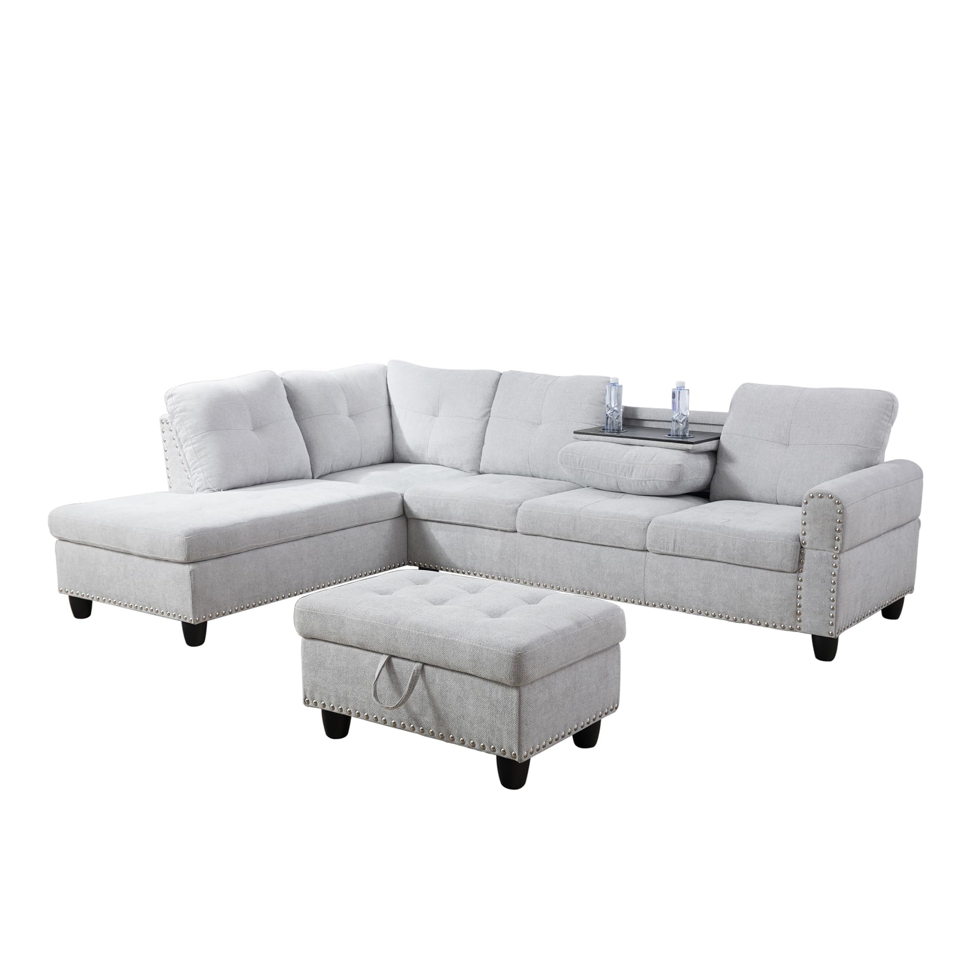3-Piece L Shape Sectional Sofa with Right Chaise, Storage Ottoman and 2 Cupholders,Modern Flannel Couch w/Button Tufted Backrest,for Living Room,Office and Apartment, 97inch, Grey White 1