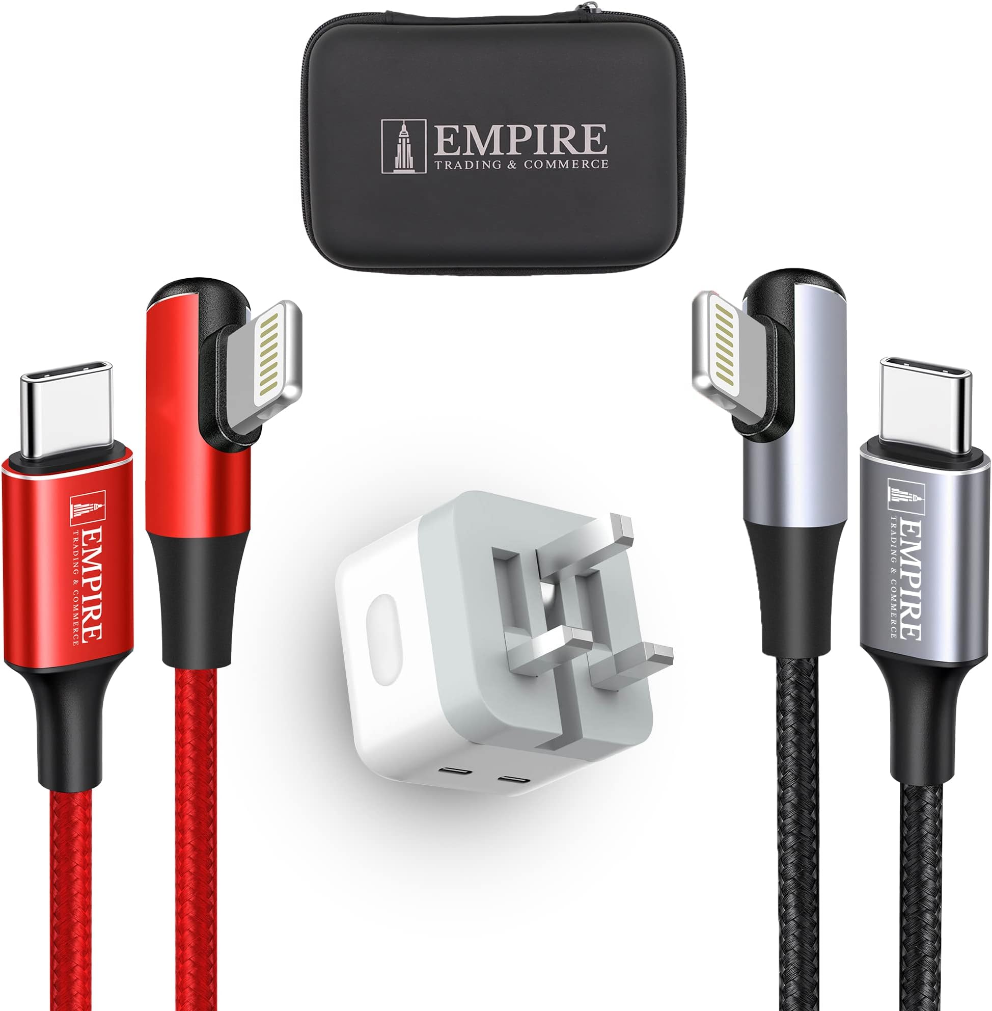 Empire 2 iPhone Charger Cables (4m & 2m) + 1 Adapter with Dual Port for Android & iPhones, Fast 40W USB C Adapter, 20W USB C - Lightening Cable Phone Charger Nylon Braided L-Shape Design (Black & Red)