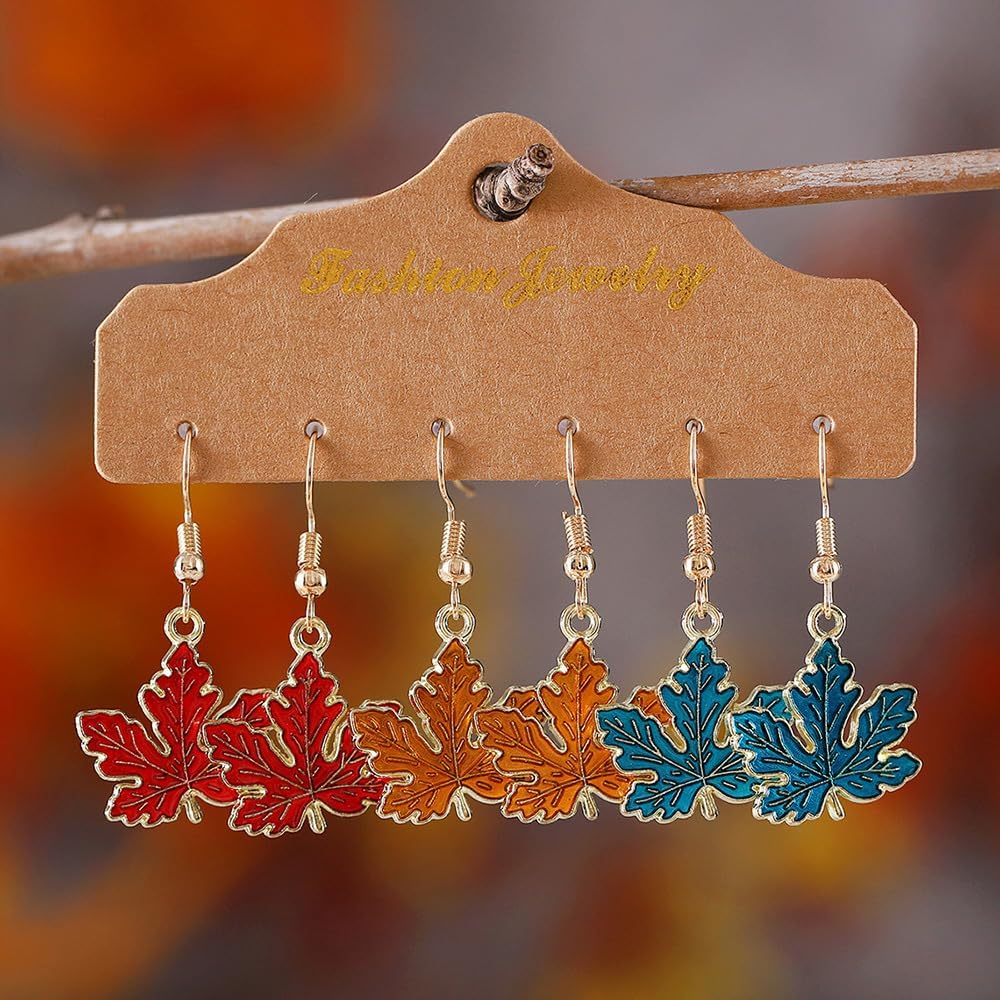 3 Pairs Thanksgiving Fall Earrings Cute Enamel Harvest Pumpkin Maple Leaf Nut Pumpkin Pie Turkey Drop Dangle Earrings for Women Thanksgiving Autumn Party Jewelry Gifts - Image 2