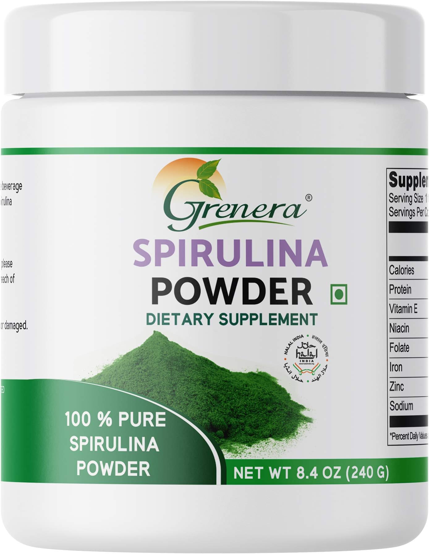 Grenera Spirulina Powder 240 gram, Naturally grown, Vegan, Rich in Protein