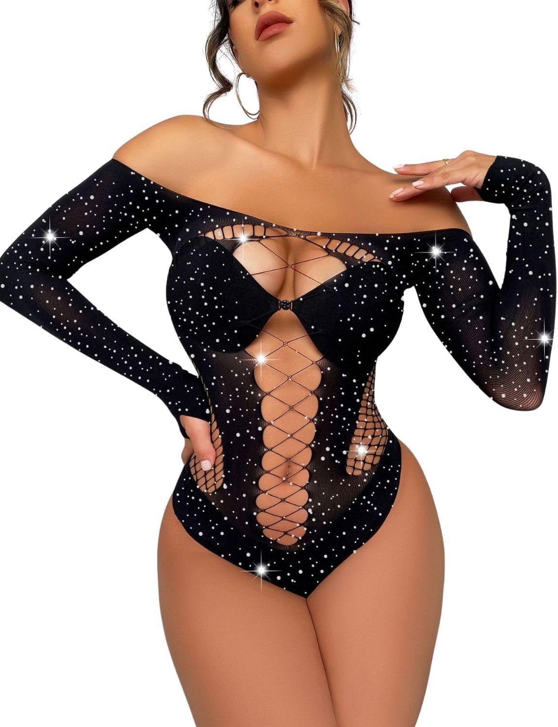 ROSVAJFY Rhinestone Sparkle Bodysuit Tops for Women Fishnet Long Sleeve Mesh Lingerie Hollow Out Teddy Sexy Outfit One-Piece