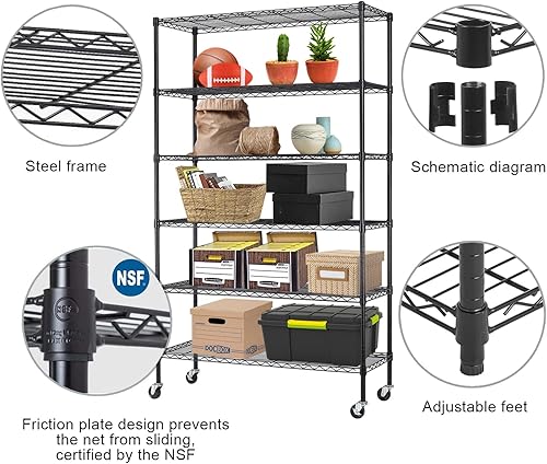 Miniatura 6 de Estante de almacenamiento de 6 niveles, estantería de alambre, estante de almacenamiento certificado NSF, 48 pulgadas de ancho x 18 pulgadas de