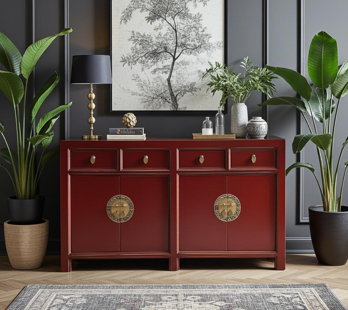 Chińska komoda Azja meble azjatyckie kredens orientalna szafka kredens szafka bufet szafa weselna vintage w pełni zmontowana czerwona Scarlet-Red