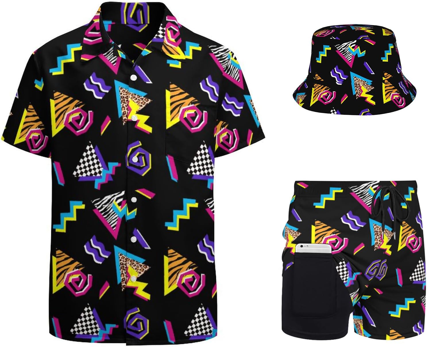 Men's 2-Piece Retro Outfit 80s 90s Tracksuit Hawaiian Outfit Set Shirts,beach Shorts And Bucket Hat - Image 6