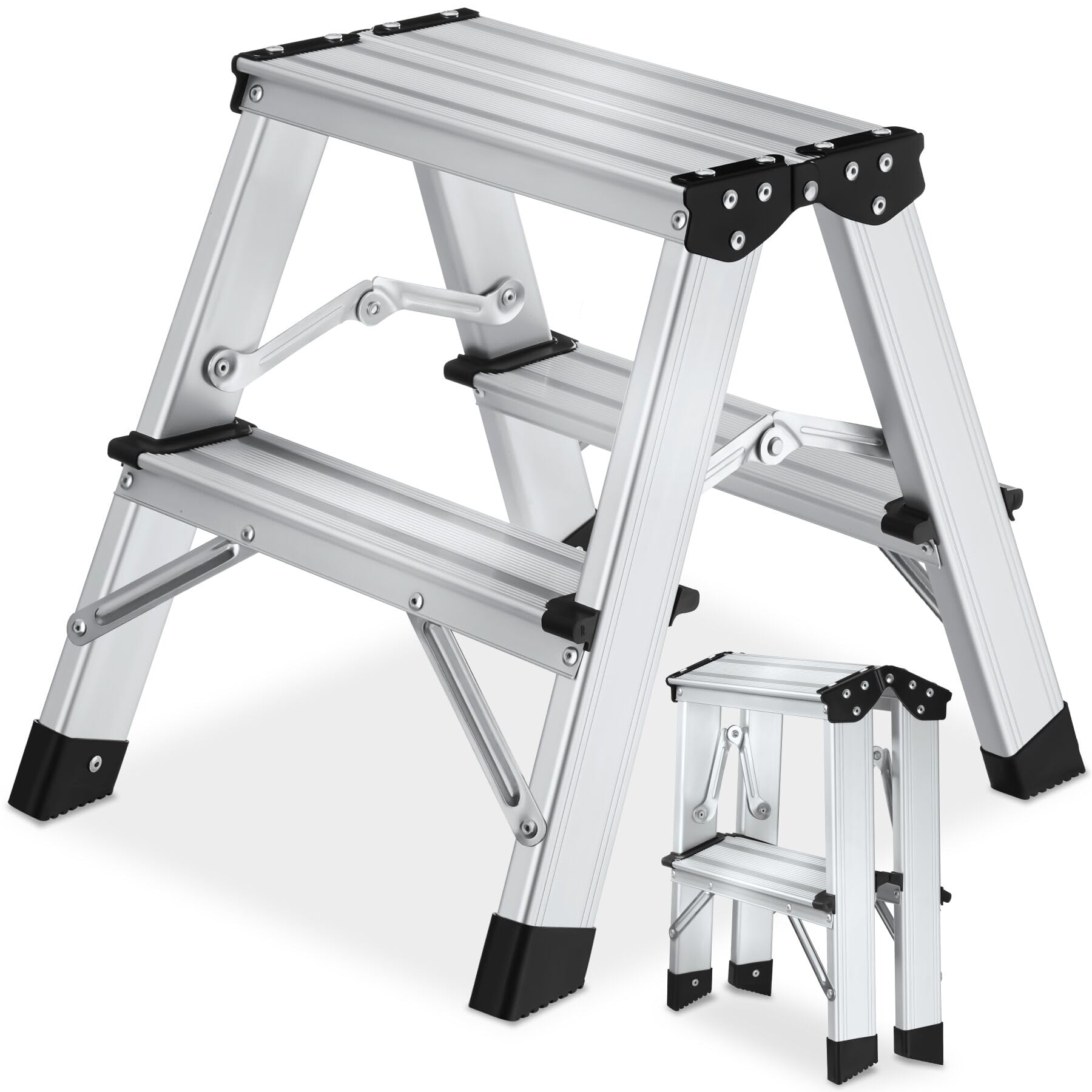 tectake® Scaletta Pieghevole in Alluminio Doppia, Scala 3 Gradini Antiscivolo, Scaletta Multiuso Salvaspazio con Doppia Salita, Scala per Casa Leggera, Piedini in Gomma, Antiscivolo, Portata 150 kg