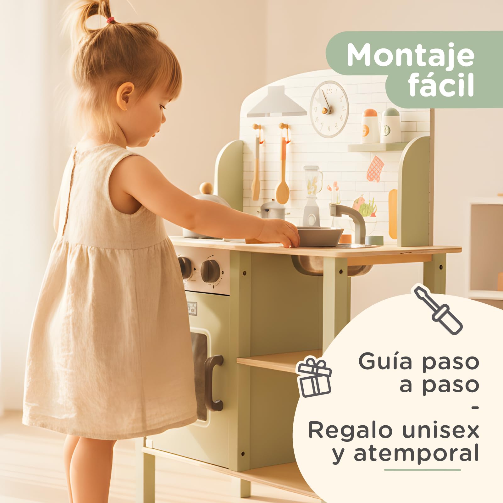 Nene Toys Cocina de Juguete de Madera – Cocinita con Fregadero, Horno y Fogones + 6 Accesorios – Juego de Imitación para Niños 3–5 Años – Mandos Giratorios, Bol Metálico, Resistente y Fácil de Montar