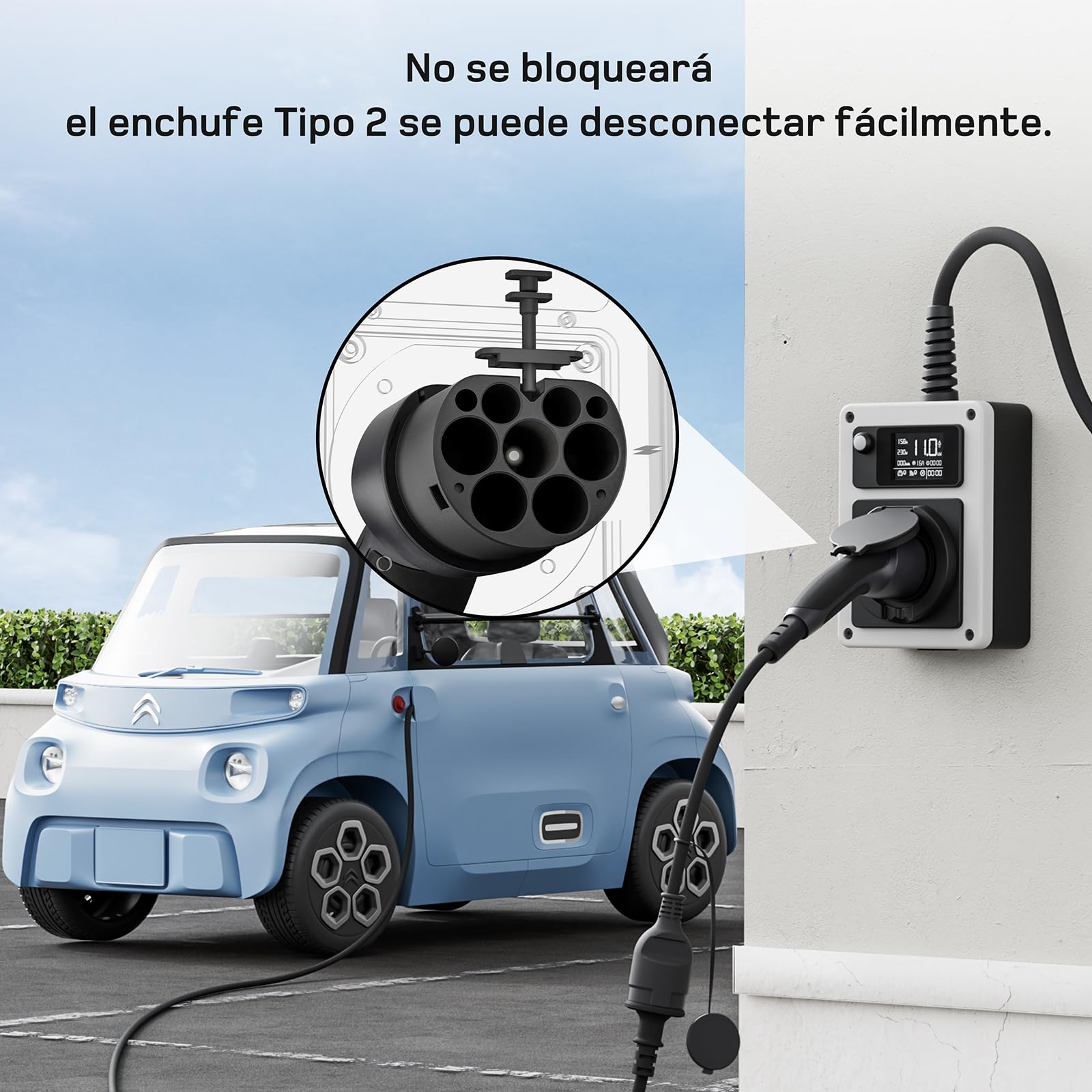 dé Adaptador Tipo 2 a Schuko 16A 0,6m Carga Fácil en estacion de Carga Coche/Wallbox 230V, IP55 para Bicicletas Eléctricas, Scooters Eléctricos y Motos No para V2L