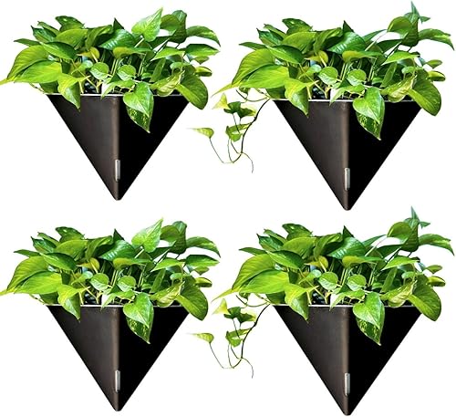 LaLaGreen - Macetas de pared para plantas de interior, paquete de 4, 12 pulgadas, gran riego automático, negro, geométrico, jarrón colgante con