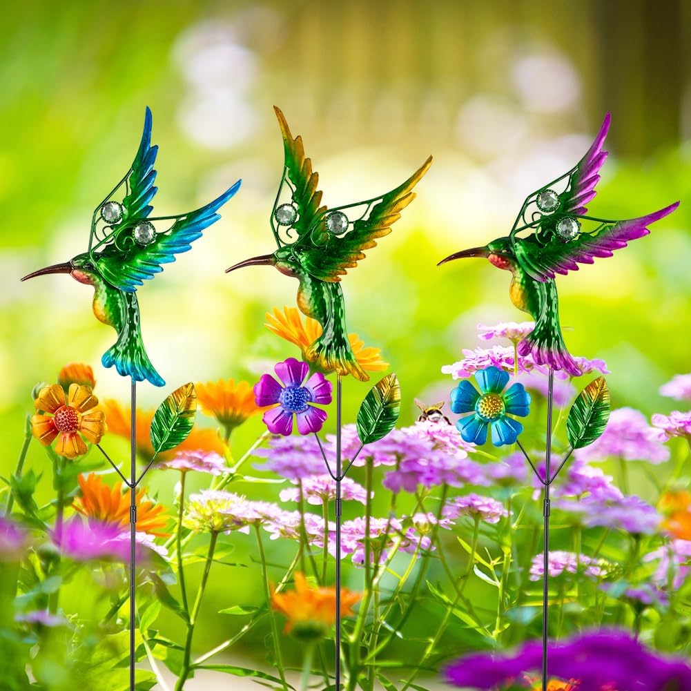 3 Pcs Hummingbird Decorative Garden Stakes with Metal Flower Set Spring Outdoor Decor,Metal Yard Art Stakes for Outside Garden Porch Lawn Plant Pot Flower Bed