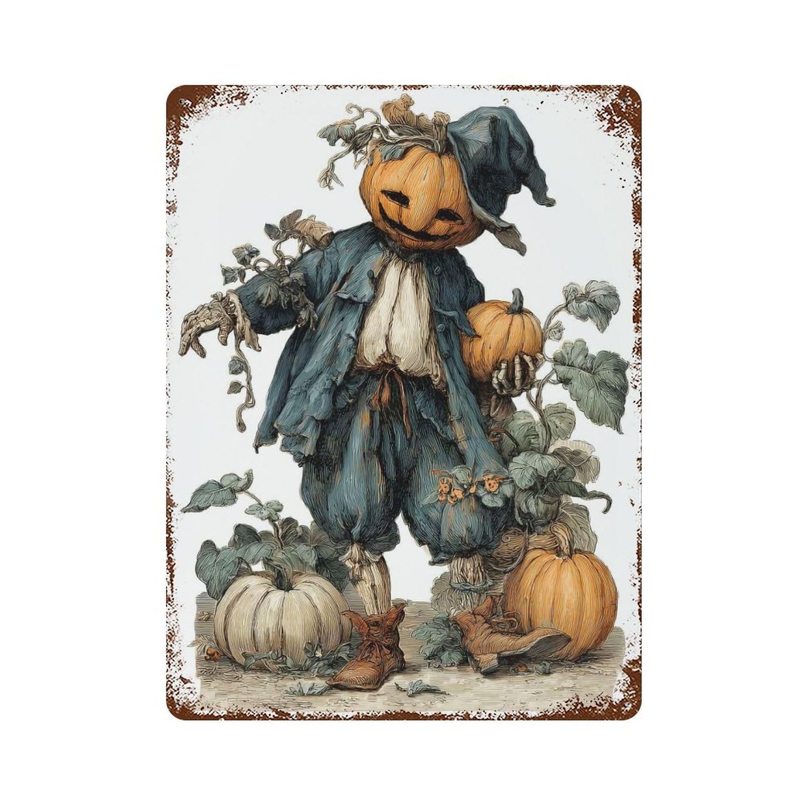 Vintage Halloween Pumpkin Scarecrow Illustration Rusty Metal Tin Sign 15.7"x11.8", Ideal for Patio, Garden Room And Bar Decor