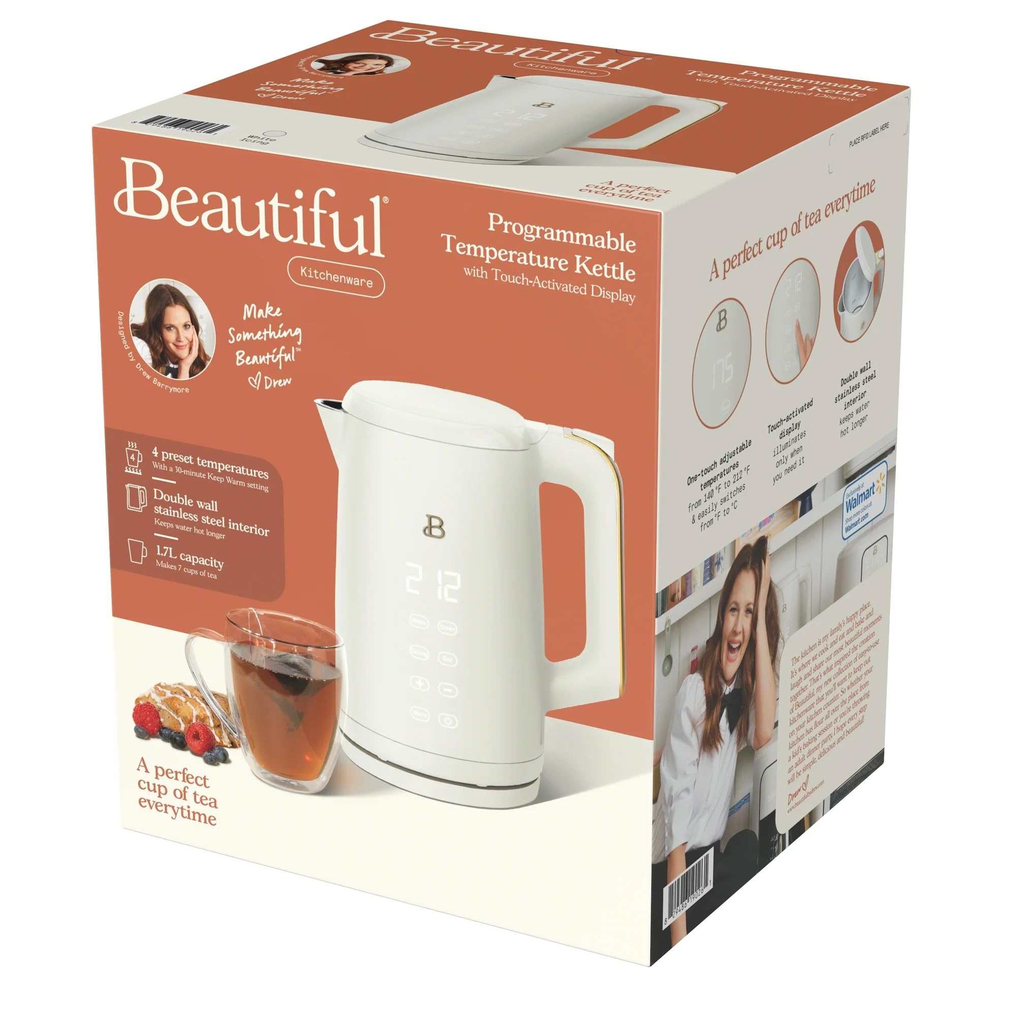 Electric Kettle 1.7L 1500W with Touch-Activated Display, Programmable Temperature Control, 4 Preset Tea Settings, Auto Shut-Off, 360° Base (White Icing)