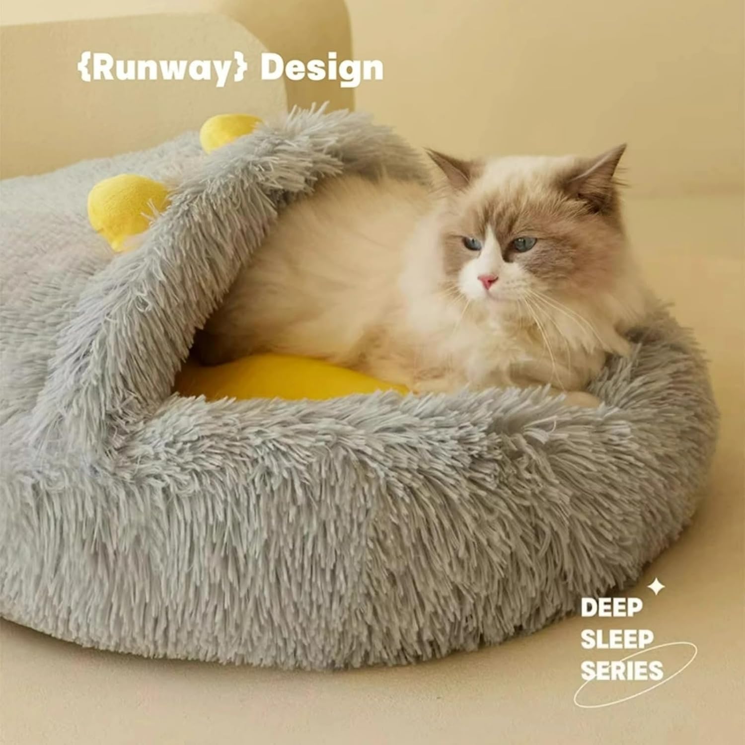 Cat Puppy Long Fur Plush Bed Cute Ears Sleep Bag Winter Warm Anti-Slip Bottom Multiple Sizes Fordable Soft Cozy Pet Accessories (Brown,Large)