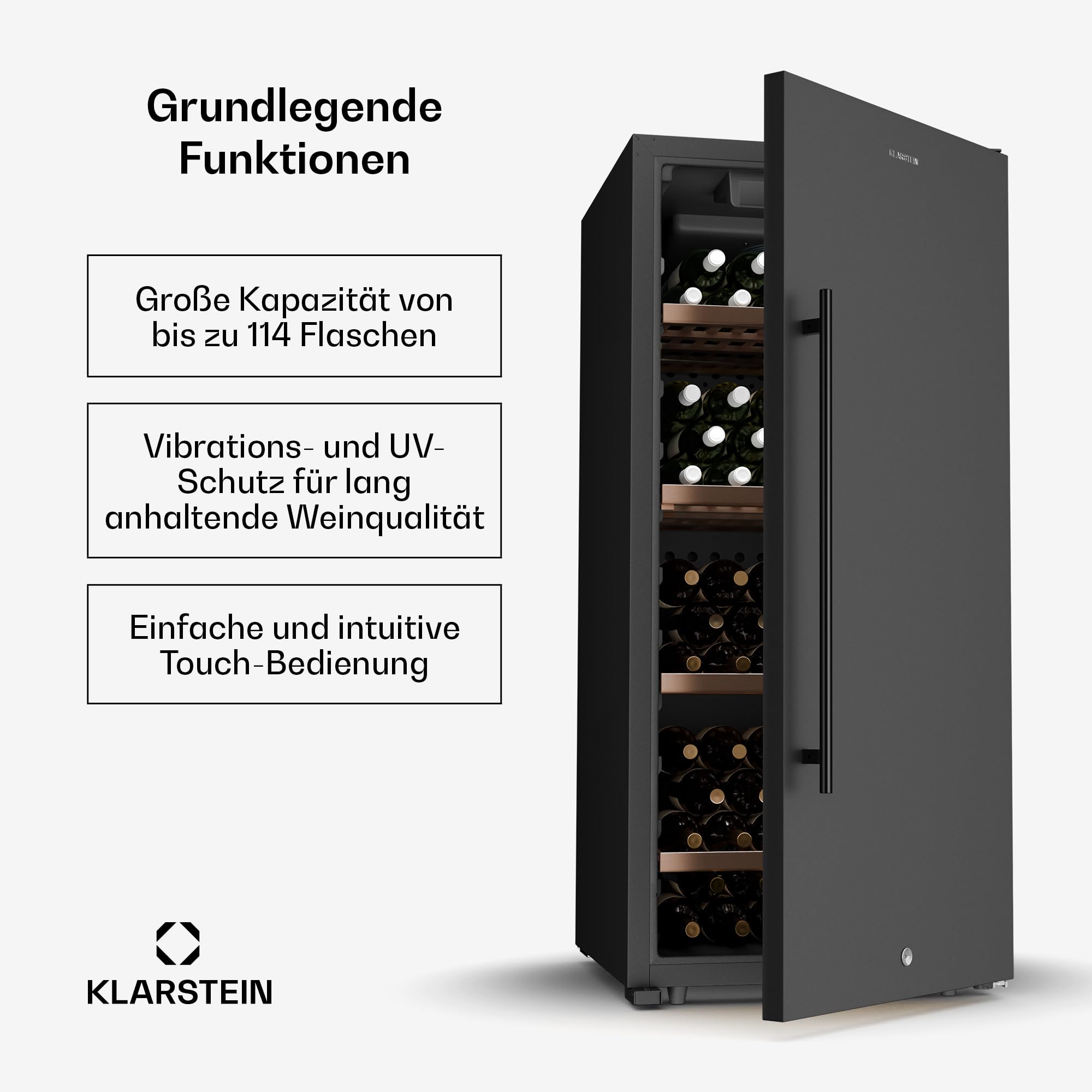 Klarstein CellarMax Weinkühlschrank Freistehend - 114 Flaschen, 5-20 °C, Touch-Bedienung, Metalltür, Alarm, 1 Zone, Holzregale, Energieklasse E